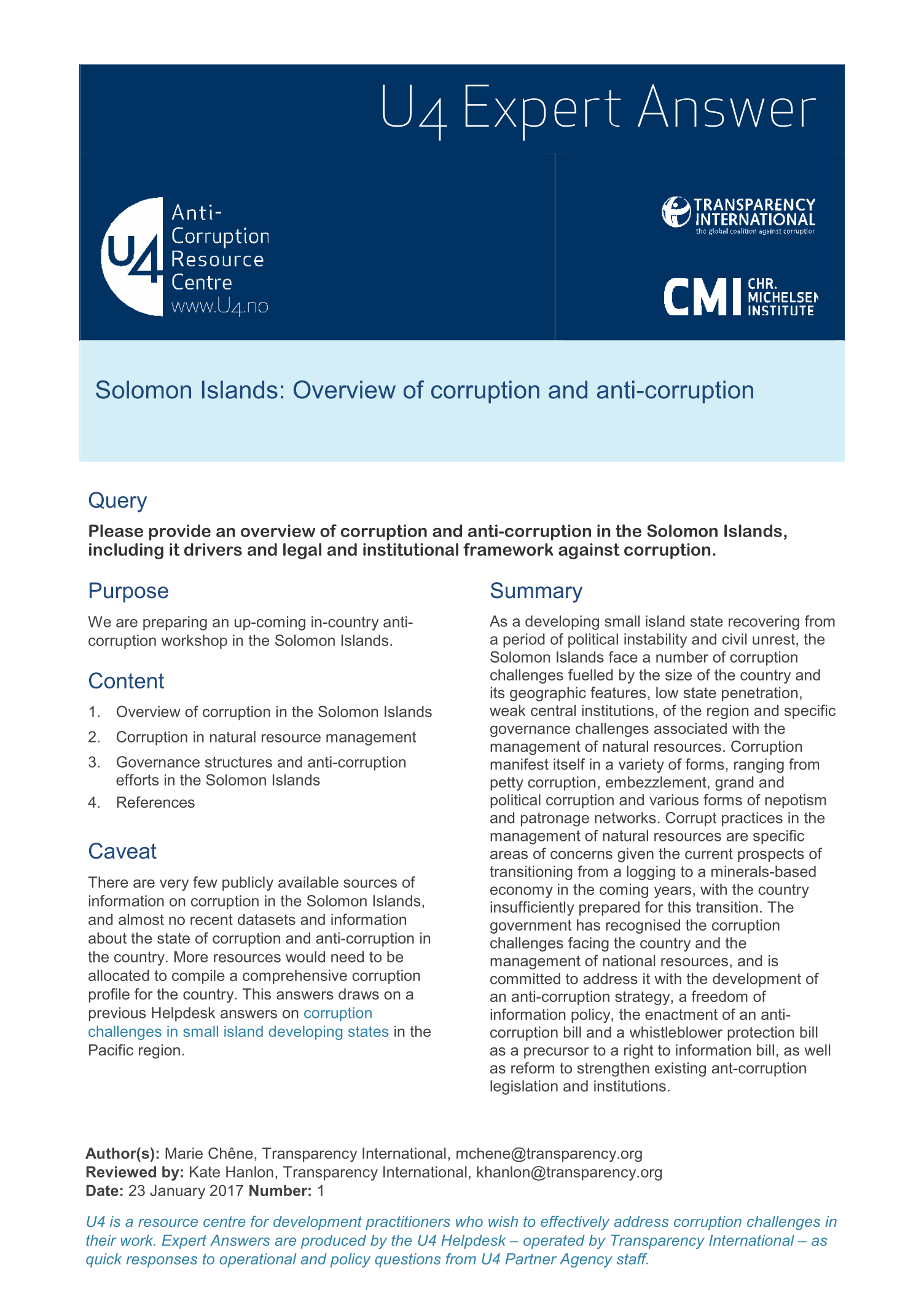 Solomon Islands: Overview of corruption and anti-corruption