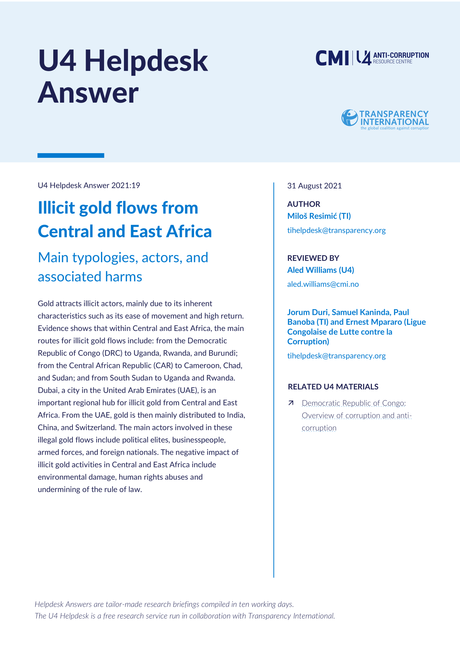 Illicit gold flows from Central and East Africa