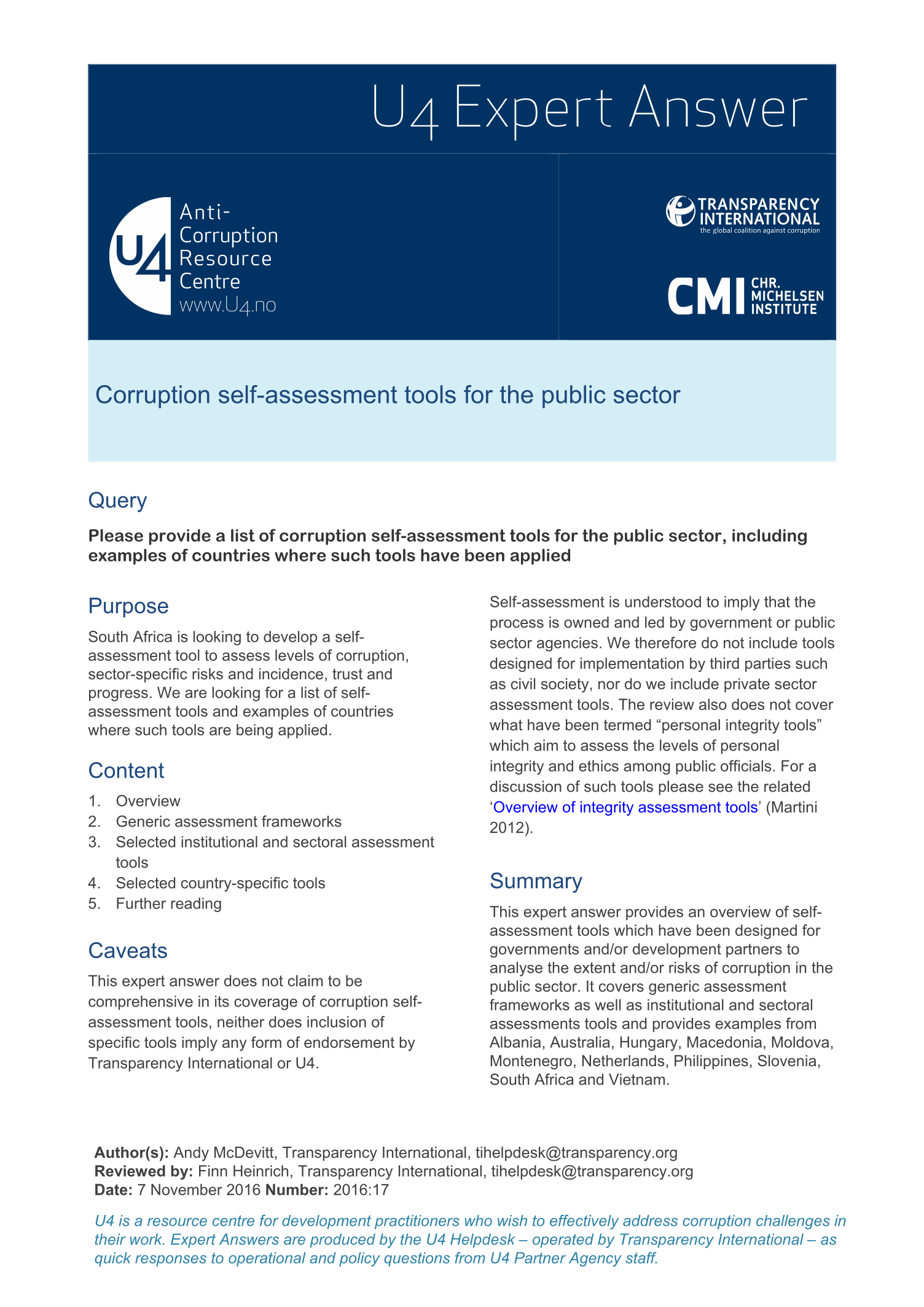Corruption self-assessment tools for the public sector