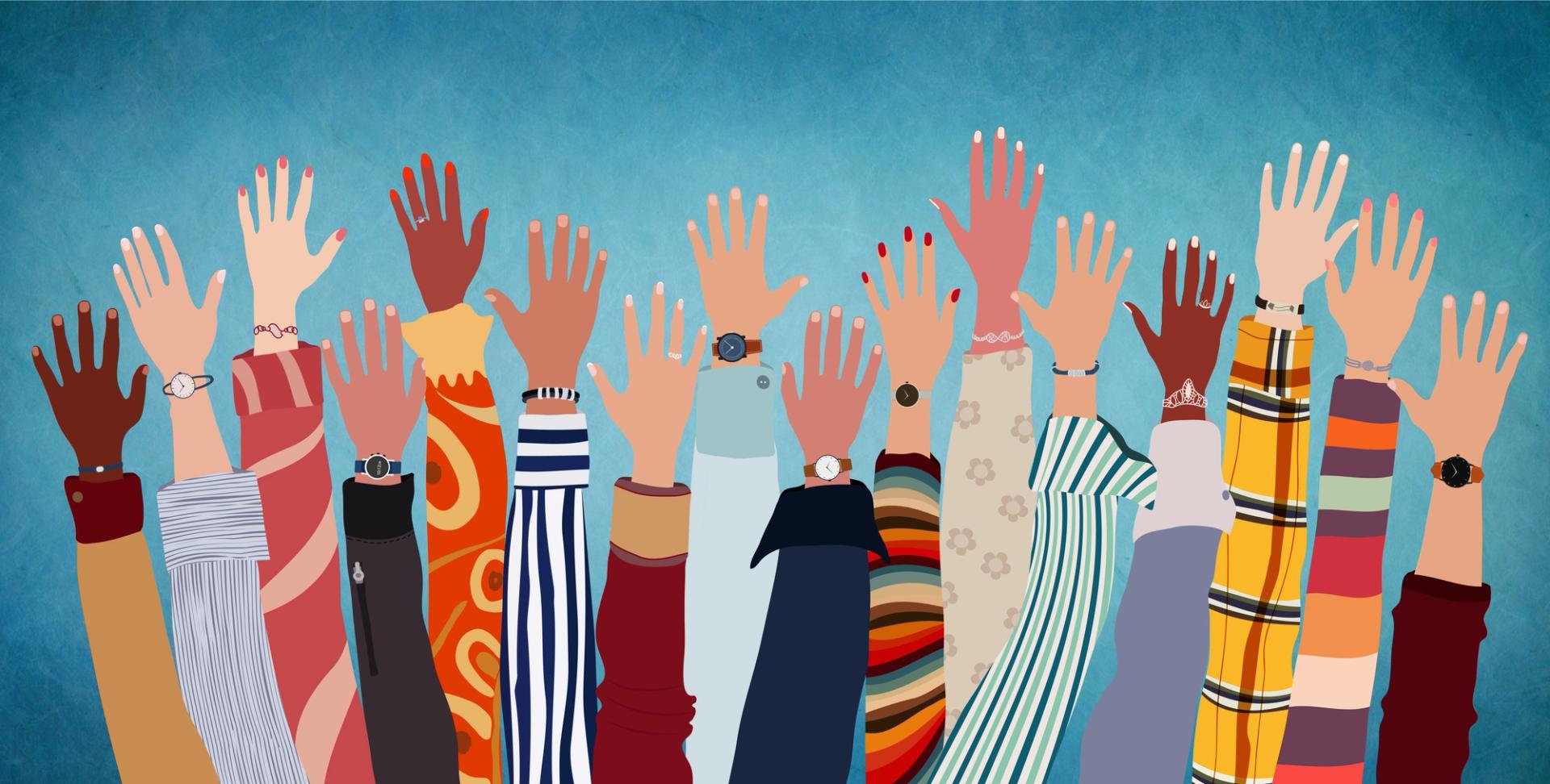 Illustration of a diverse group of raised arms and hands.