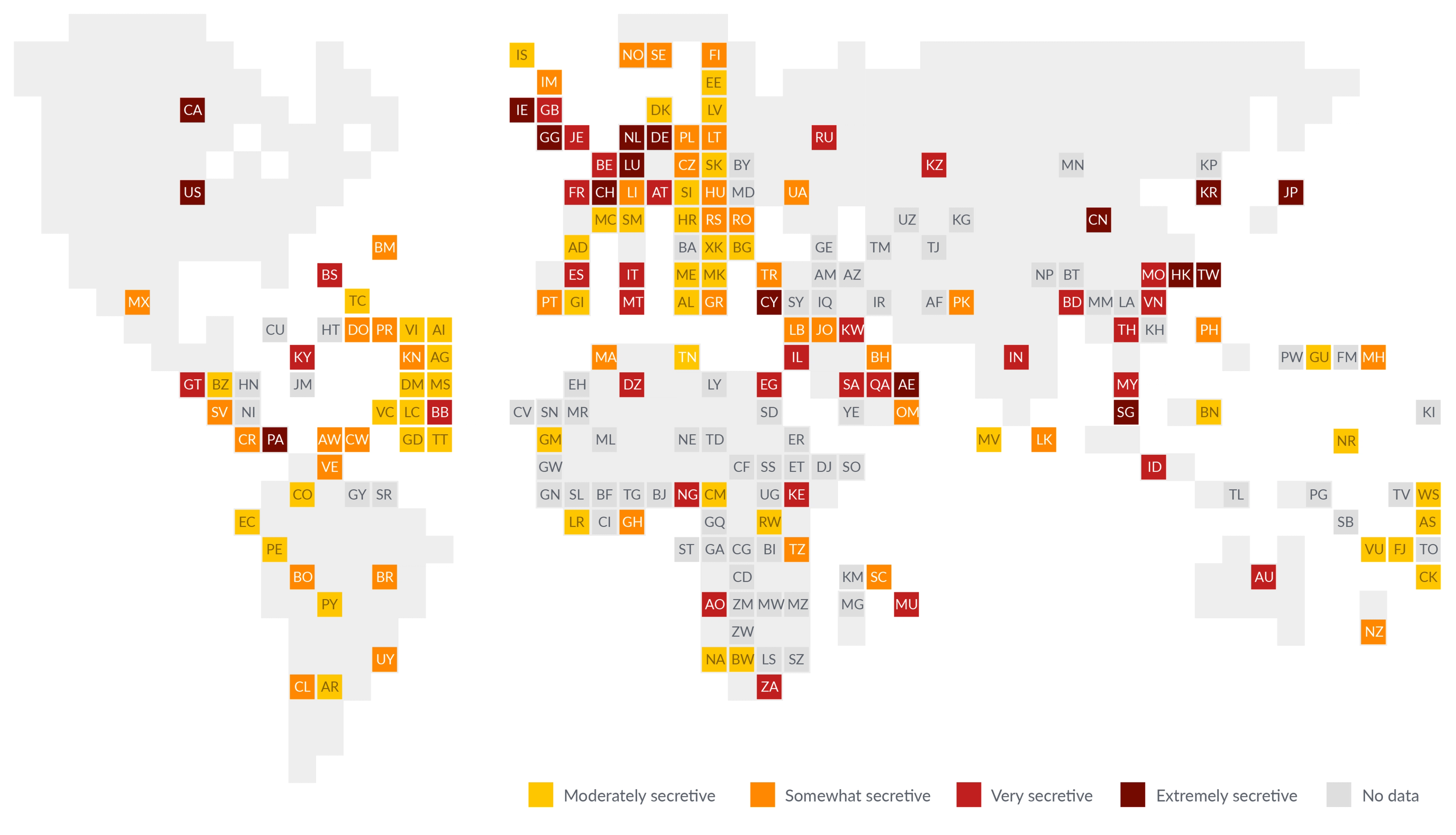 A color-coded grid map of the world showing each country's "secrecy score" from the Financial Secrecy Index.