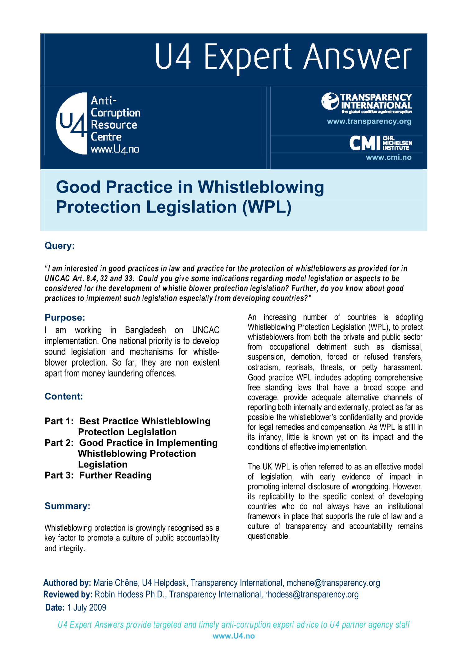 Good Practice in Whistleblowing Protection Legislation (WPL)