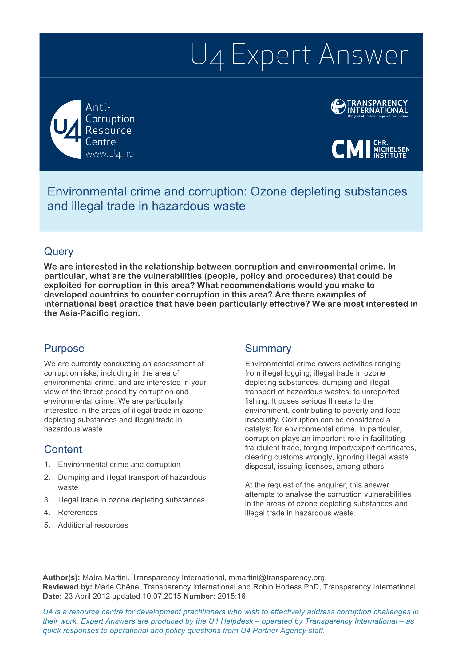 Environmental crime and corruption: Ozone depleting substances and illegal trade in hazardous waste