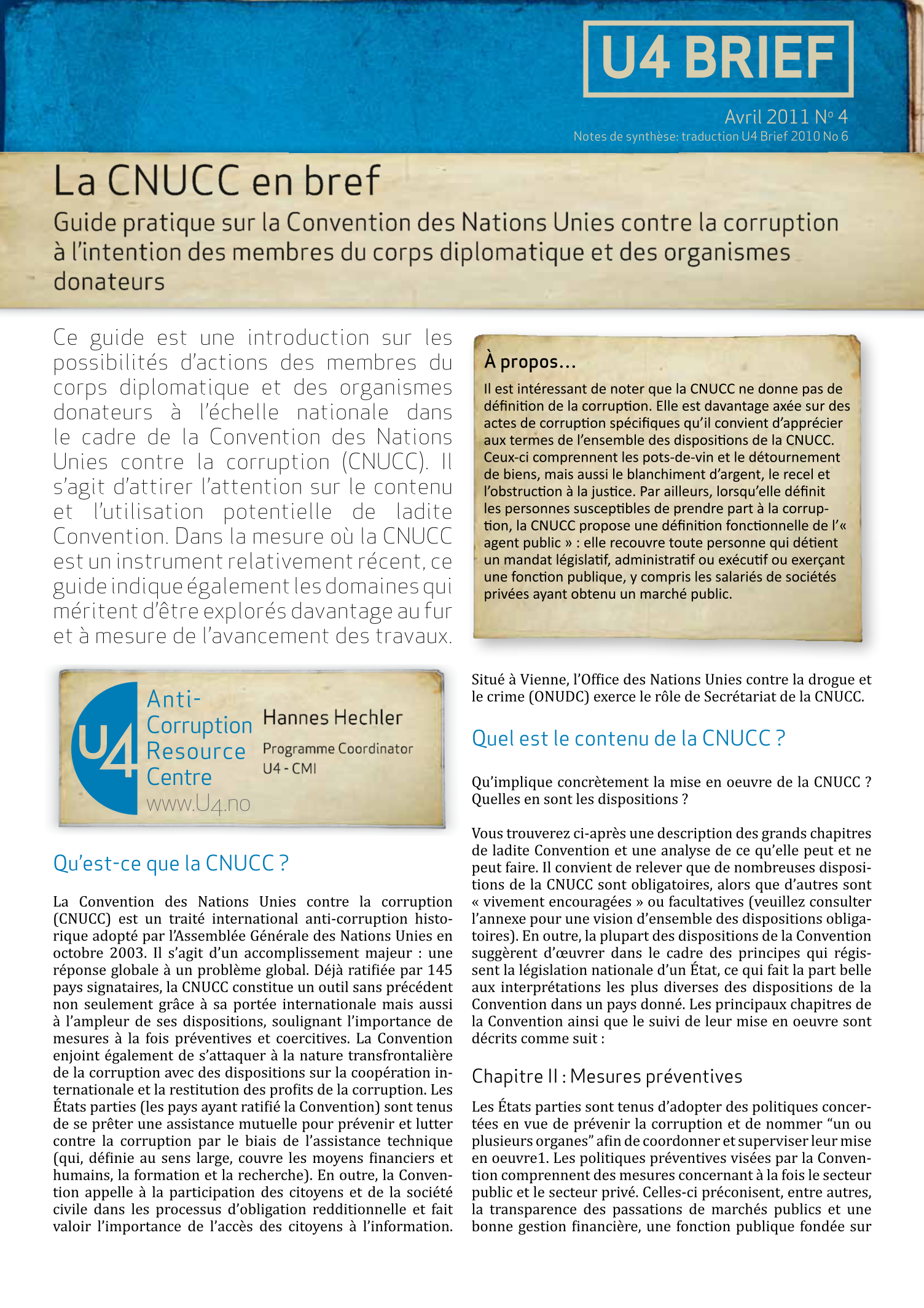La CNUCC en bref: Guide pratique sur la Convention des Nations Unies contre la corruption à l'intention des membres du corps diplomatique et des organismes donateurs