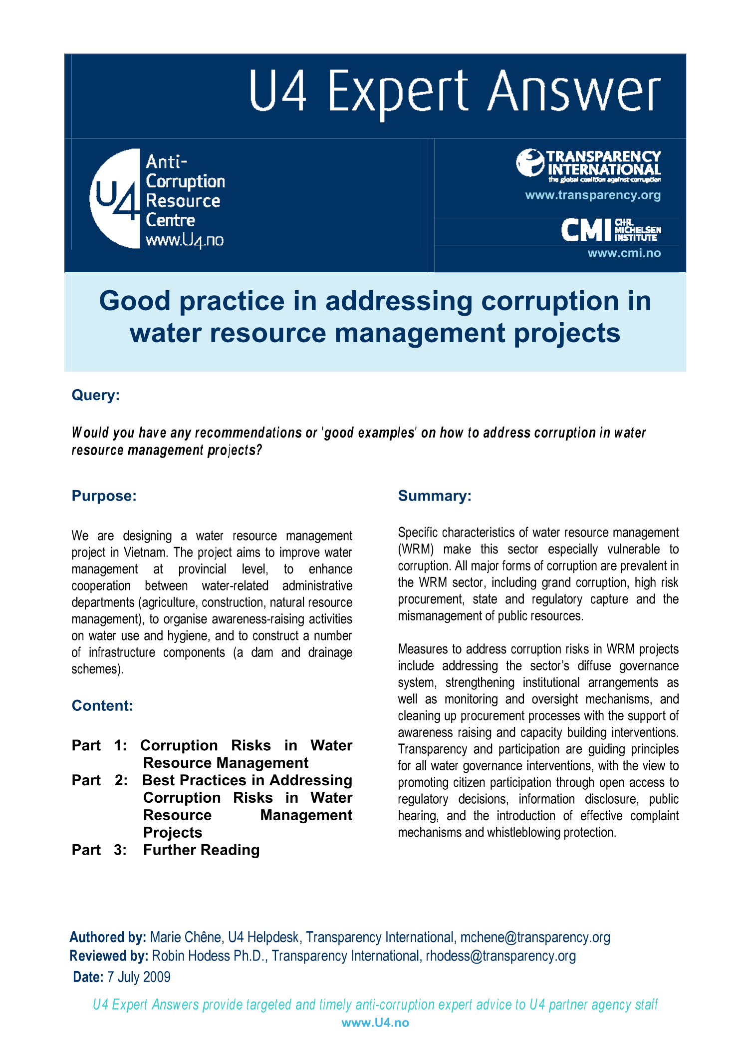 Good practice in addressing corruption in water resource management projects