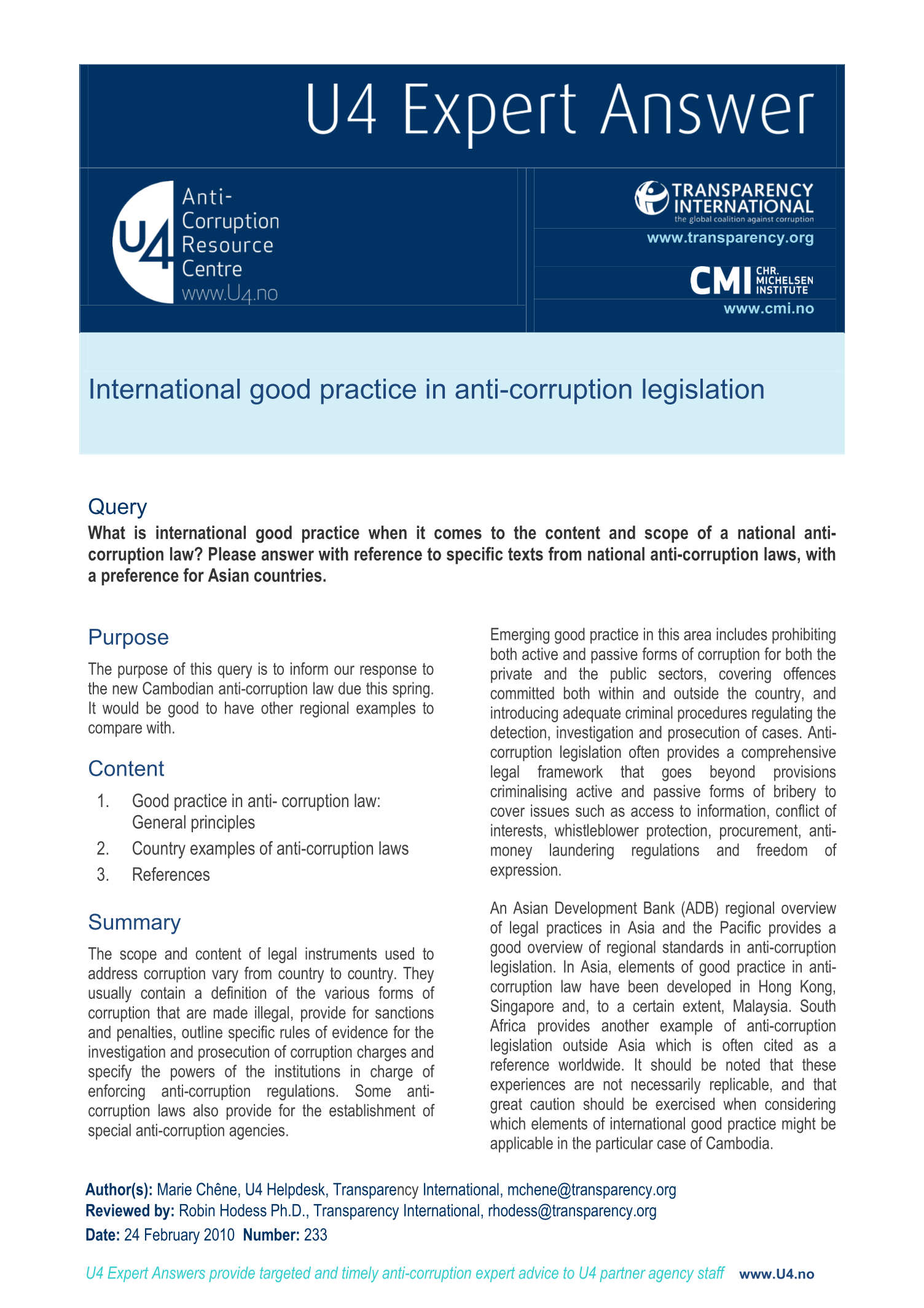 International good practice in anti-corruption legislation