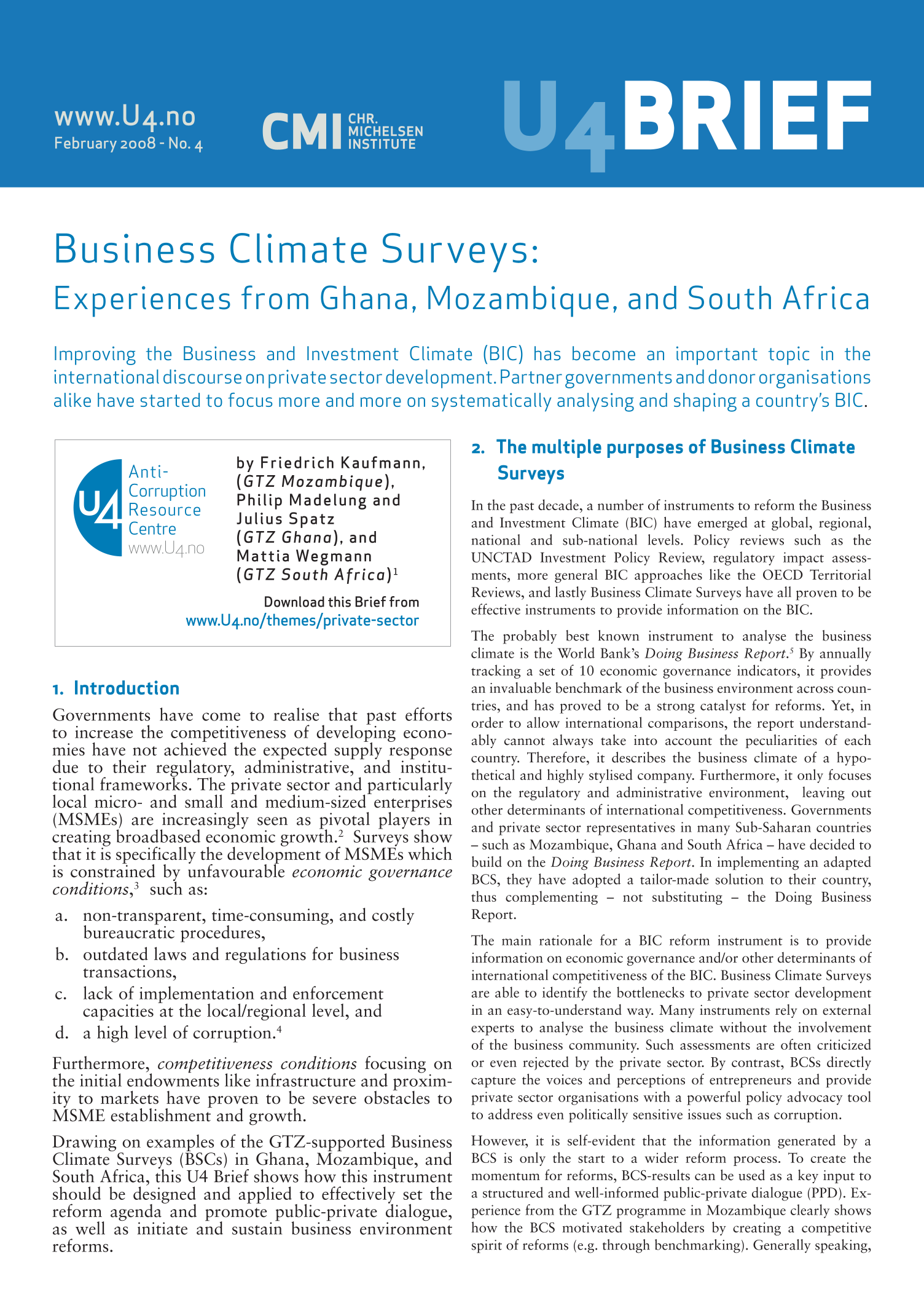 Business Climate Surveys: Experiences from Ghana, Mozambique, and South Africa