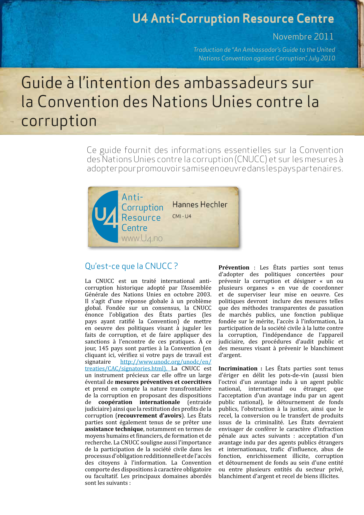 Guide à l’intention des ambassadeurs sur la Convention des Nations Unies contre la corruption