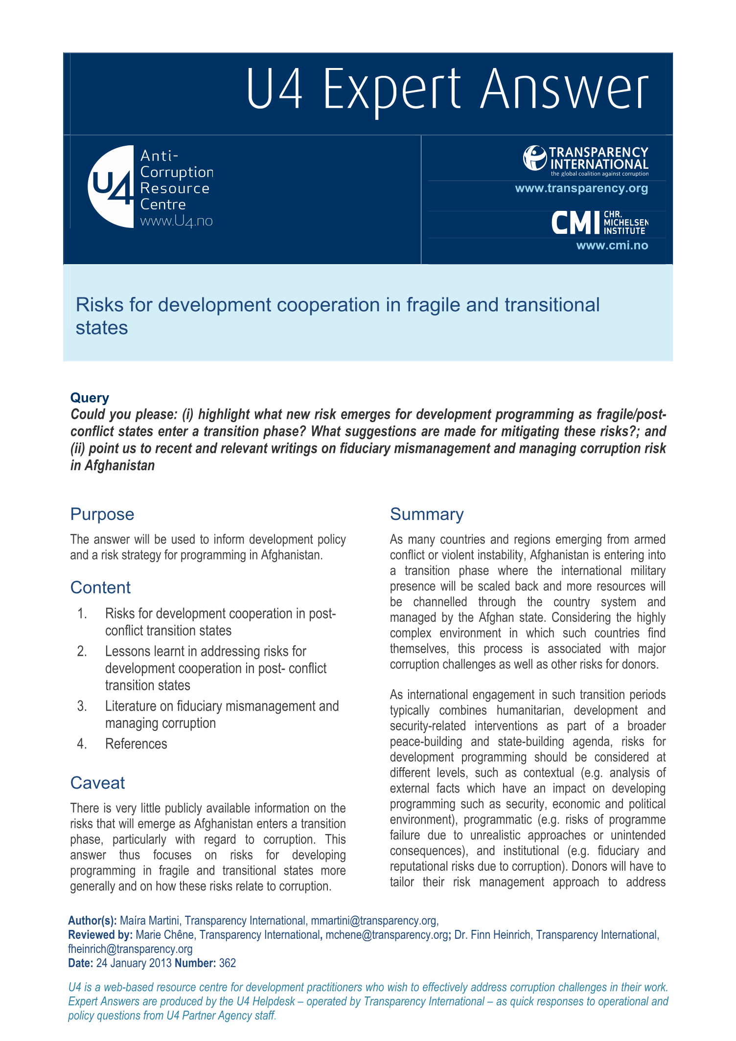 Risks for development cooperation in fragile and transitional states