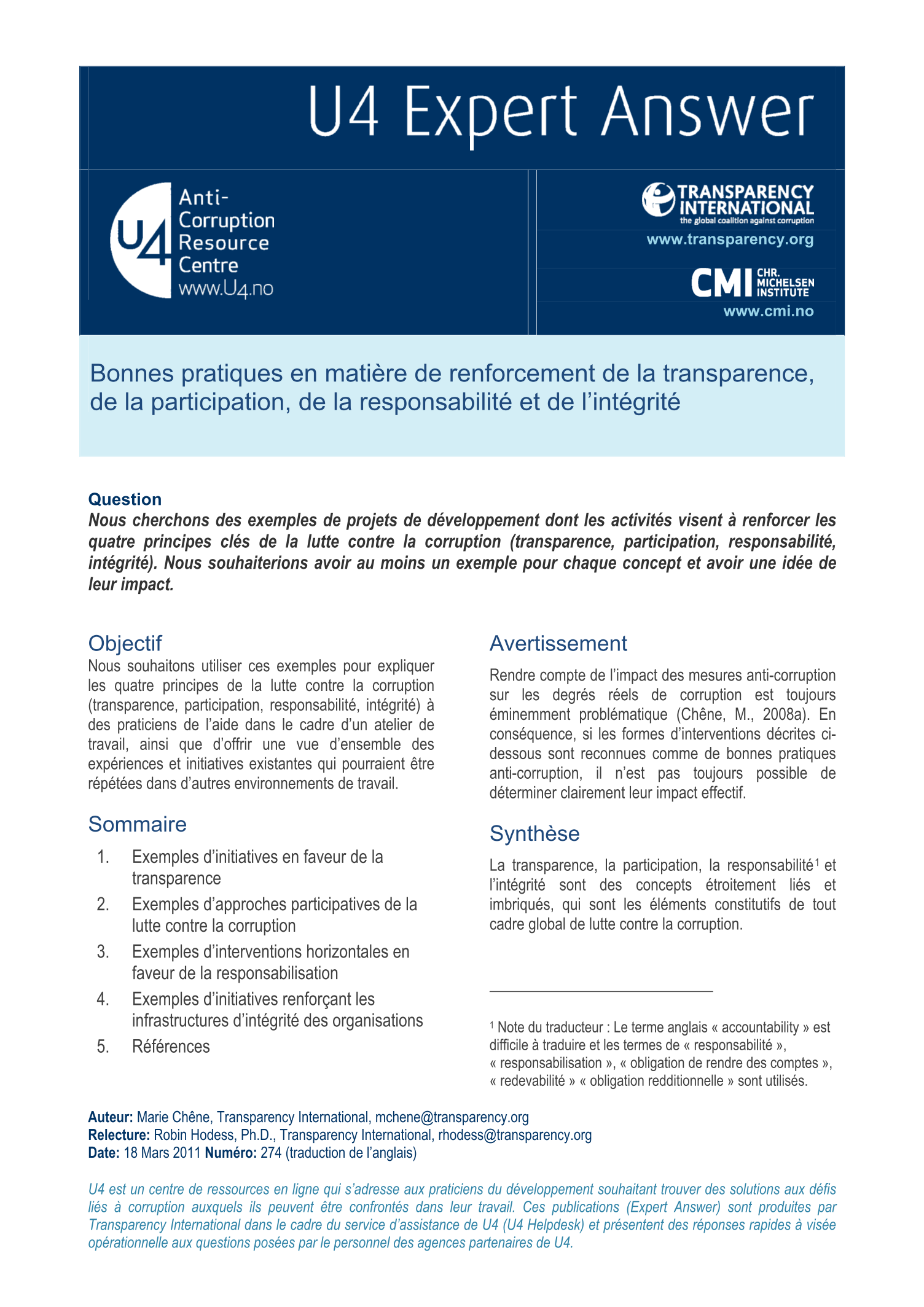 Bonnes pratiques en matière de renforcement de la transparence, de la participation, de la responsabilité et de l’intégrité