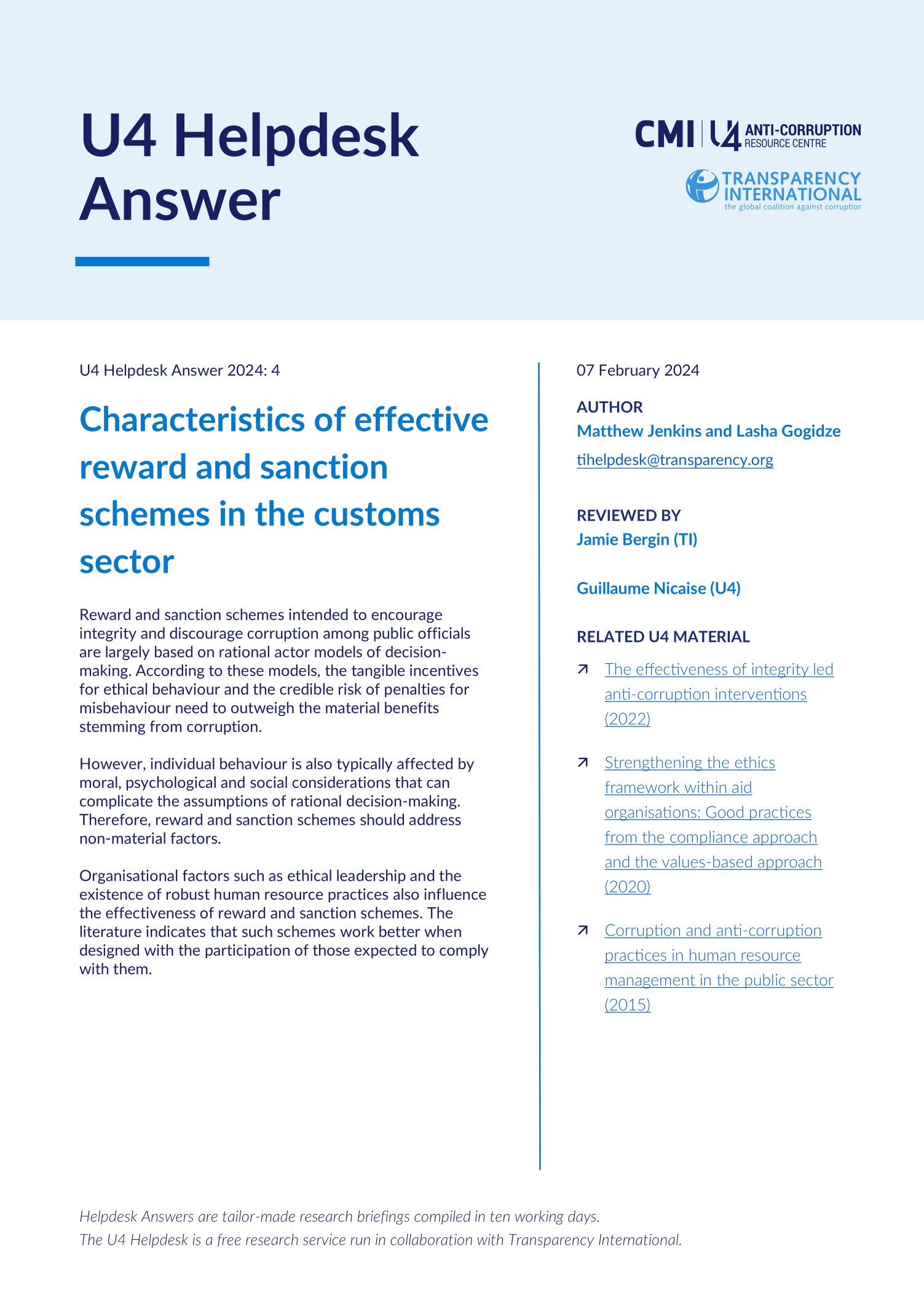 Characteristics of effective reward and sanction schemes in the customs sector