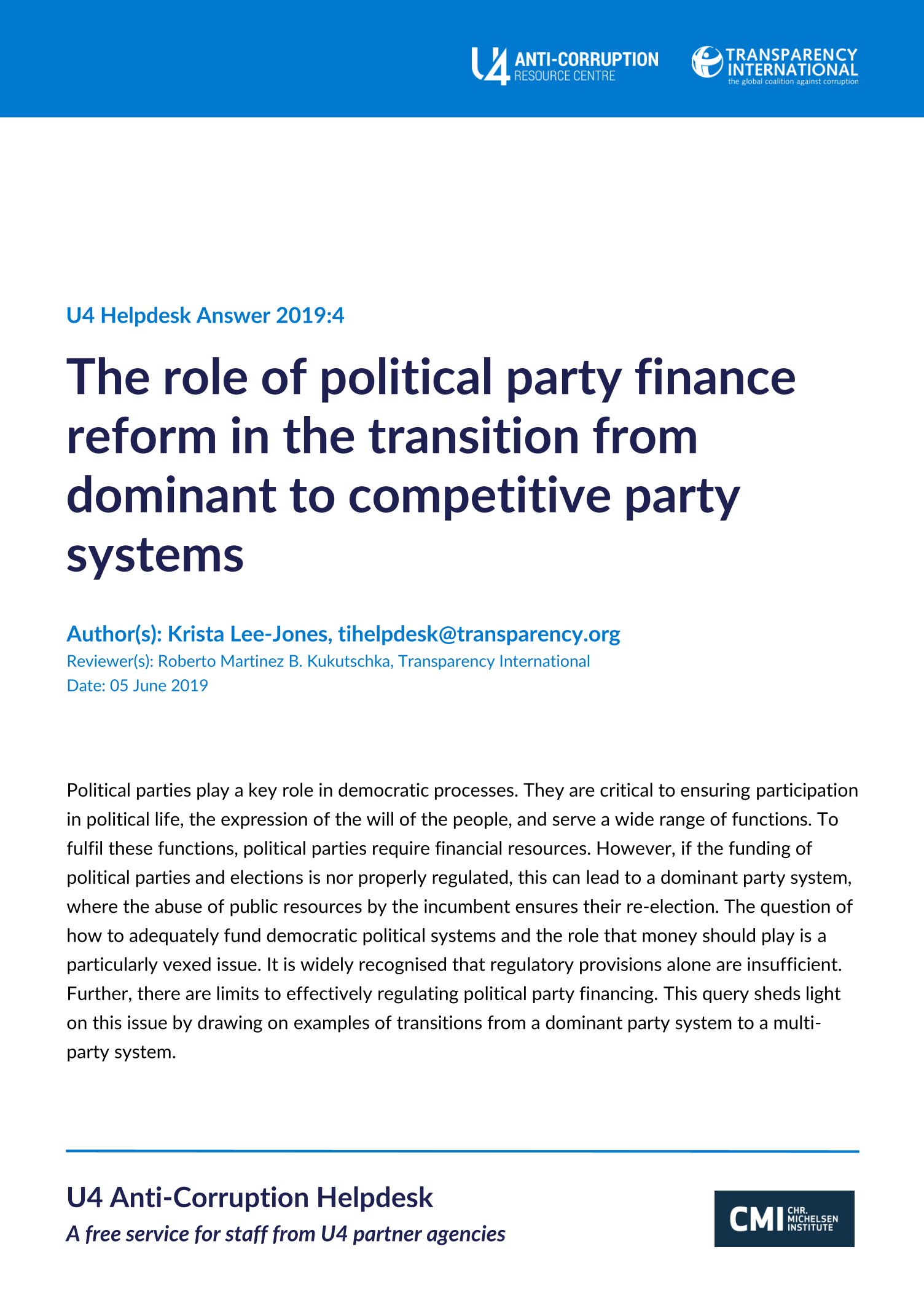 The role of political party finance reform in the transition from dominant to competitive party systems