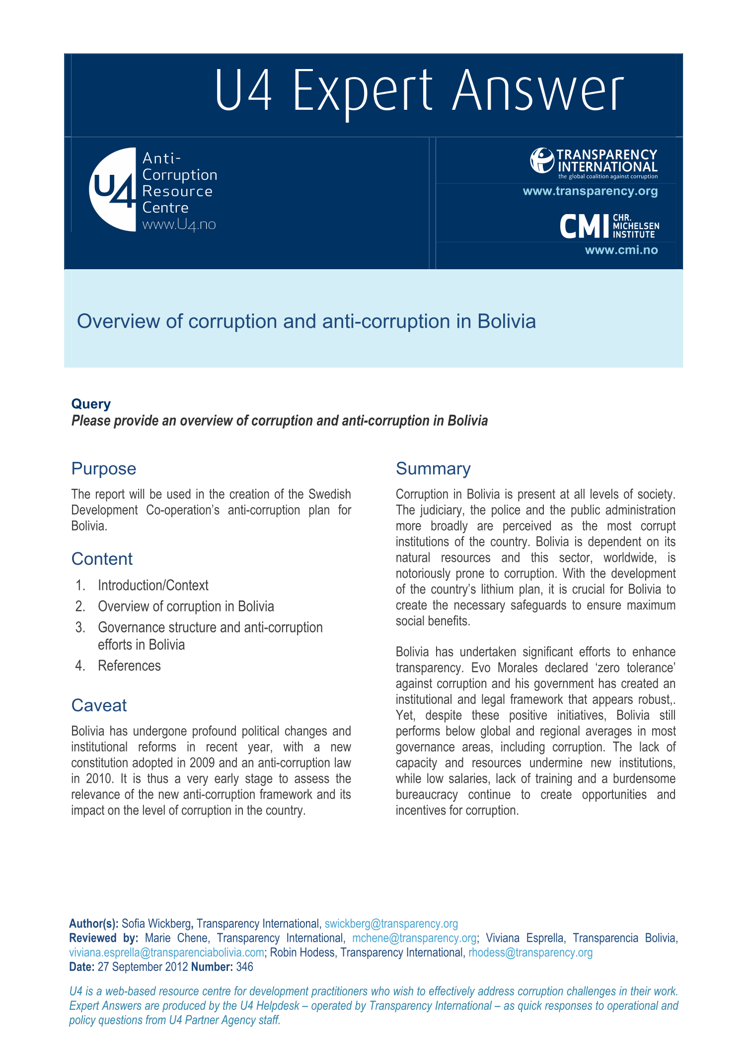 Bolivia: overview of corruption and anti-corruption