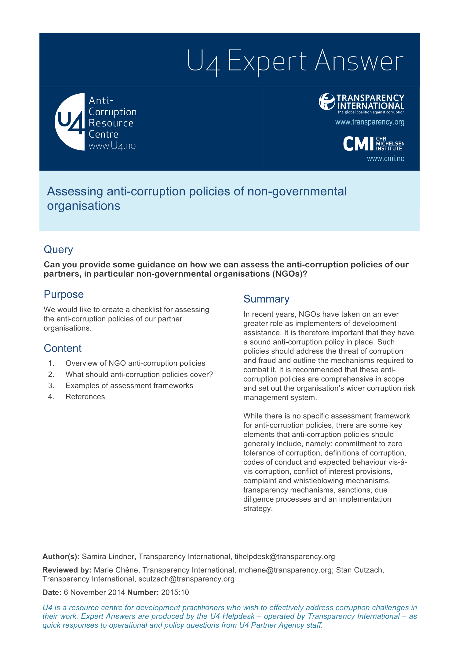Assessing anti-­corruption policies of non-­governmental organisations