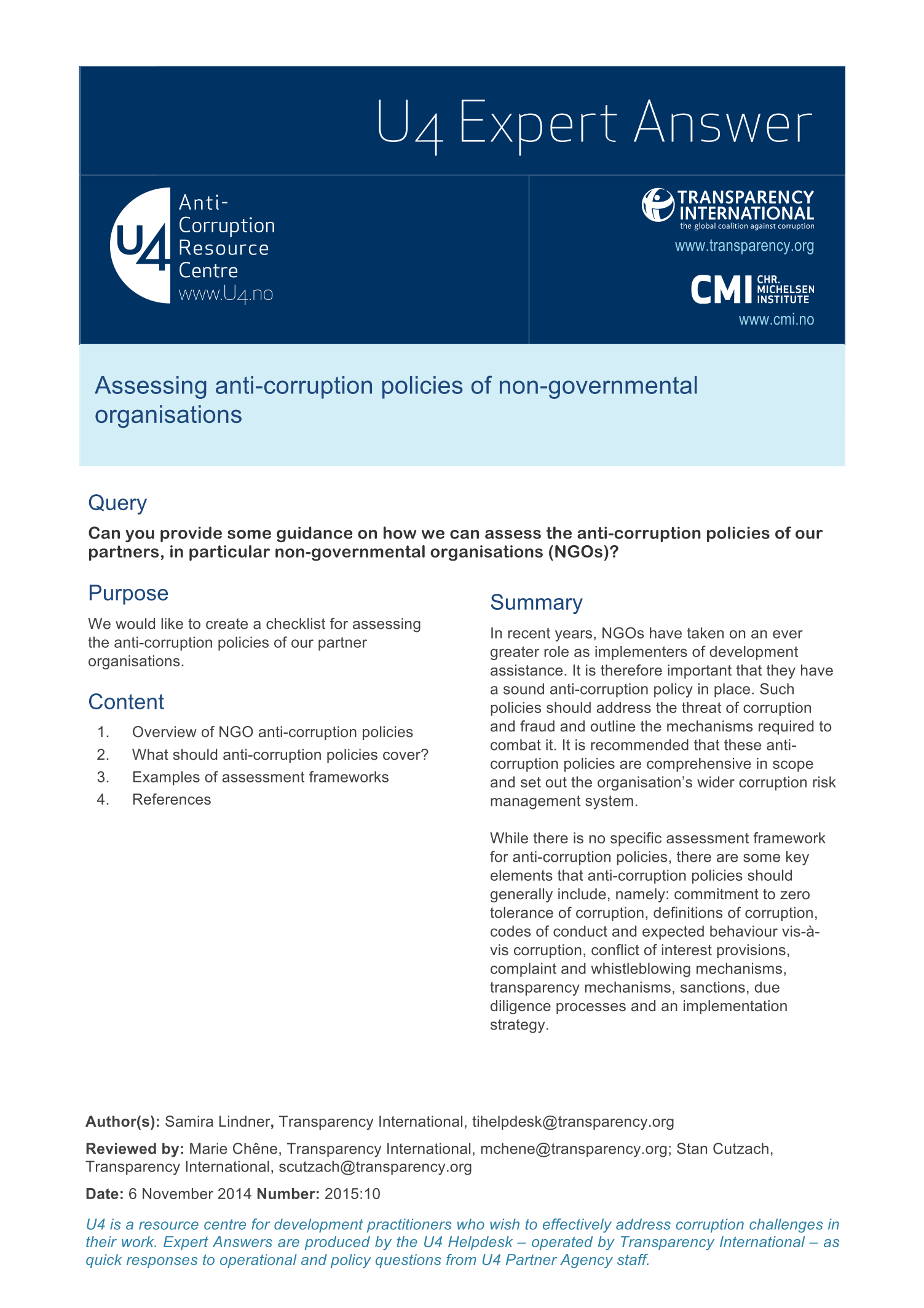 Assessing anti-corruption policies of non-governmental organisations