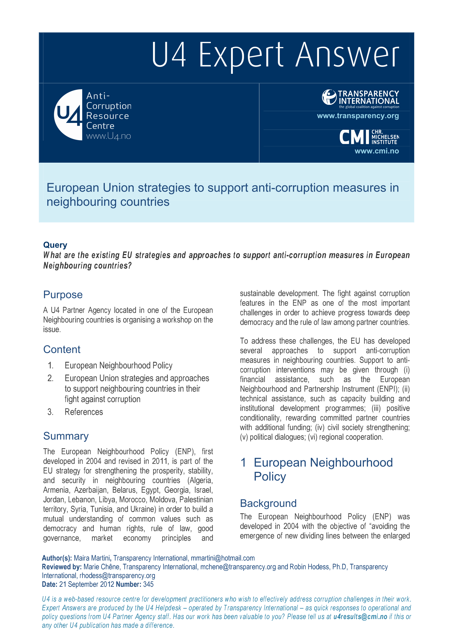 European Union strategies to support anti-corruption measures in neighbouring countries