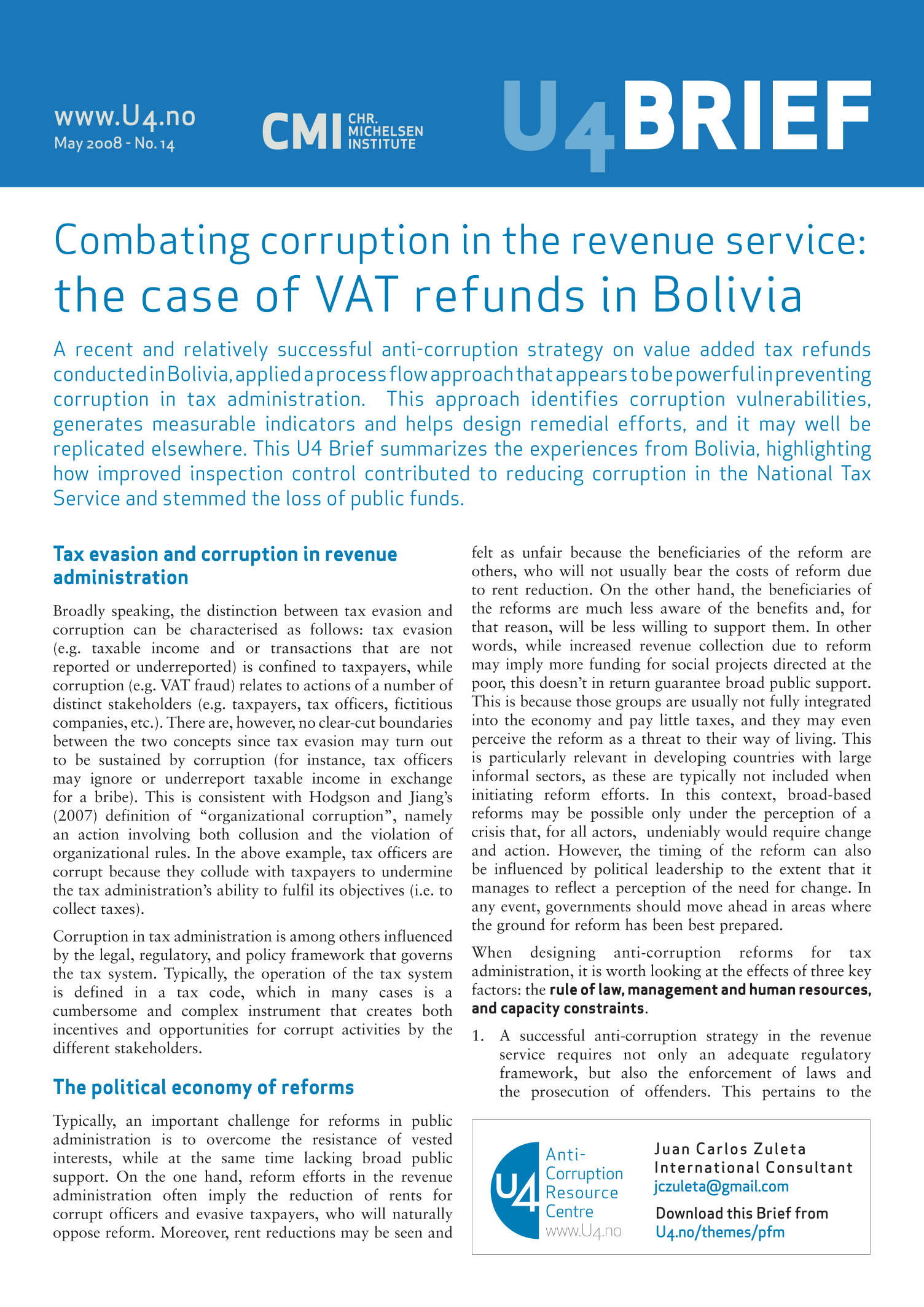 Combating corruption in the revenue service: The case of VAT refunds in Bolivia