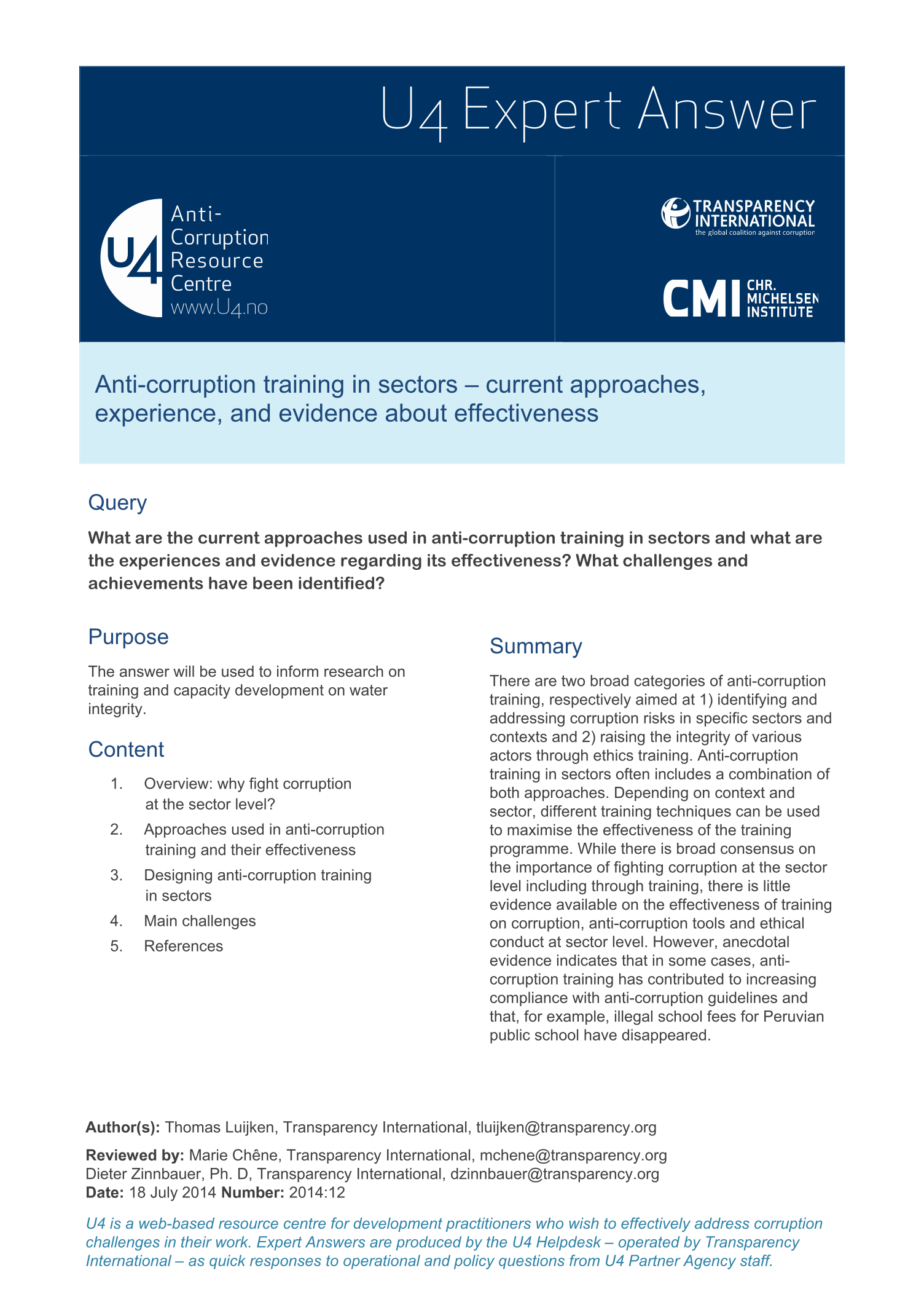 Anti-corruption training in sectors – current approaches, experience and evidence about effectiveness