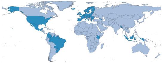 World map showing 42 countries shaded – mostly in Europe, with some in the Americas, Africa and Asia.