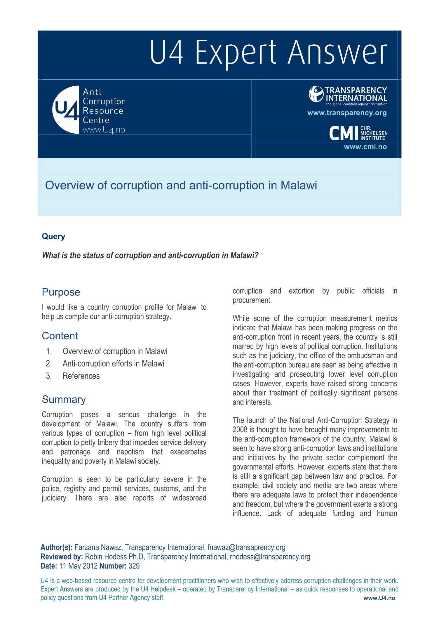 Overview of corruption and anti-corruption in Malawi