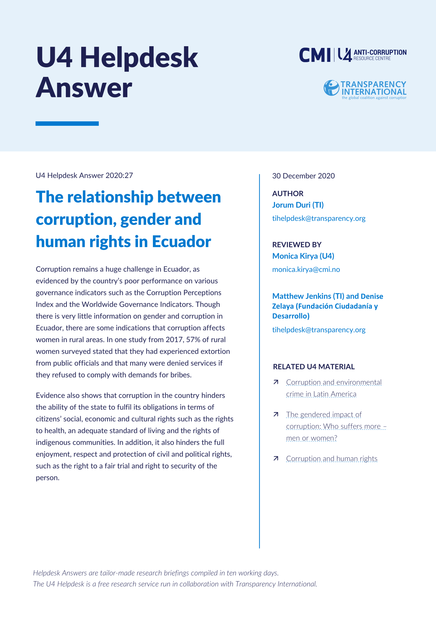The relationship between corruption, gender and human rights in Ecuador