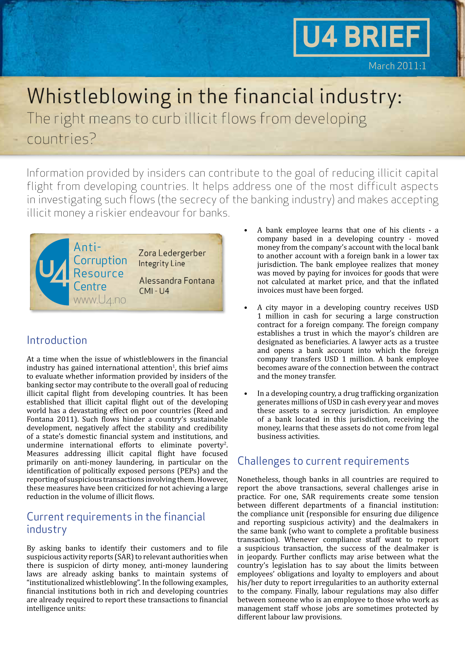 Whistleblowing in the financial industry:  The right means to curb illicit flows from developing countries?