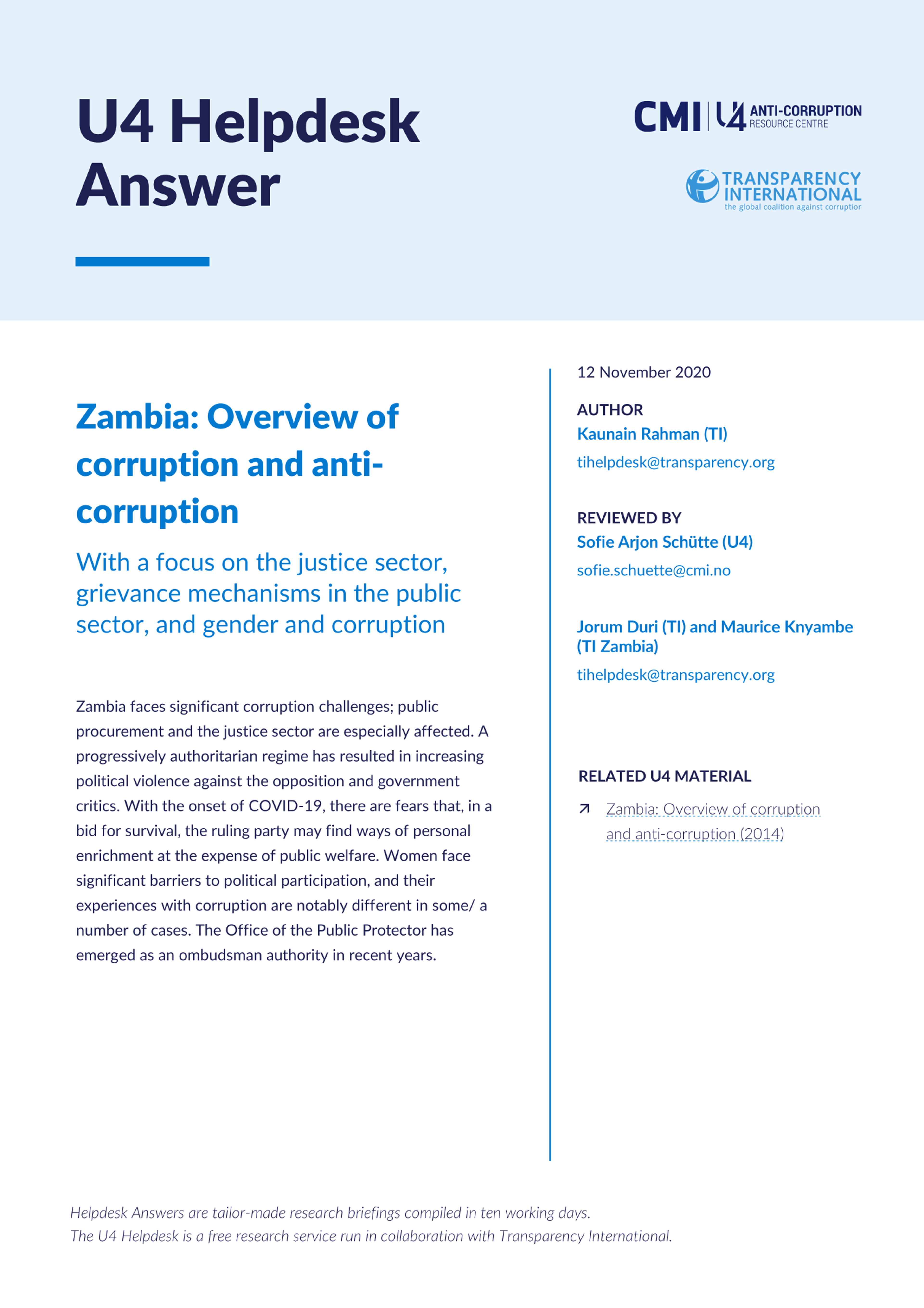 Zambia: Overview of corruption and anti-corruption