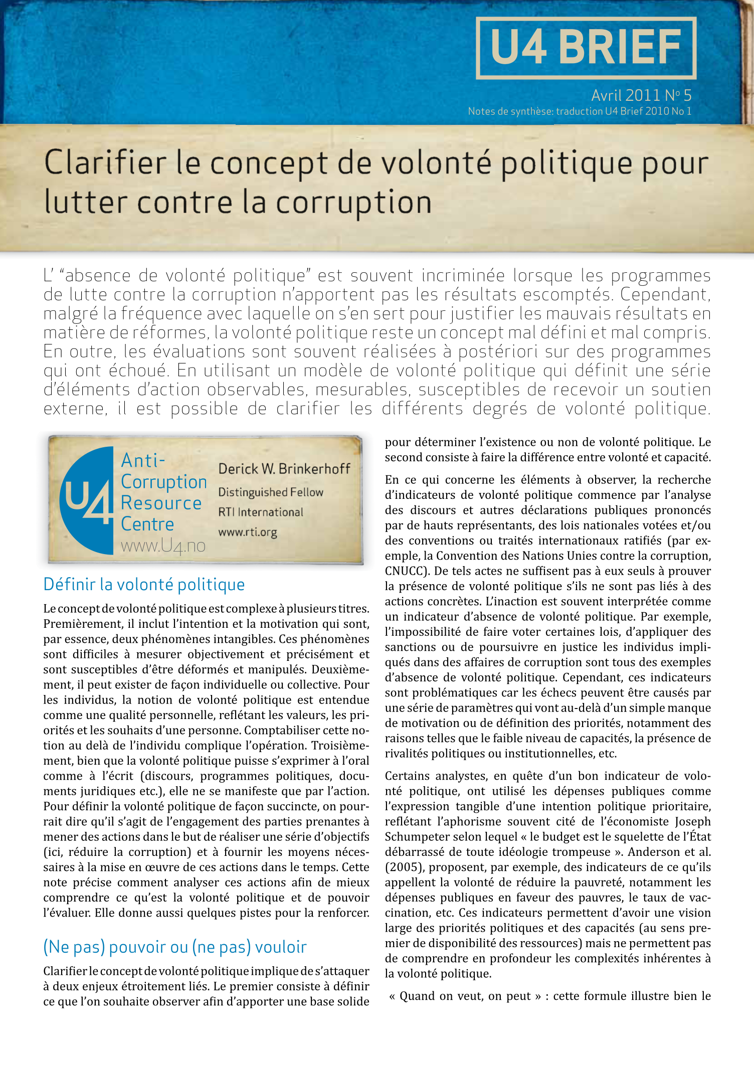 Clarifier le concept de volonté politique pour lutter contre la corruption