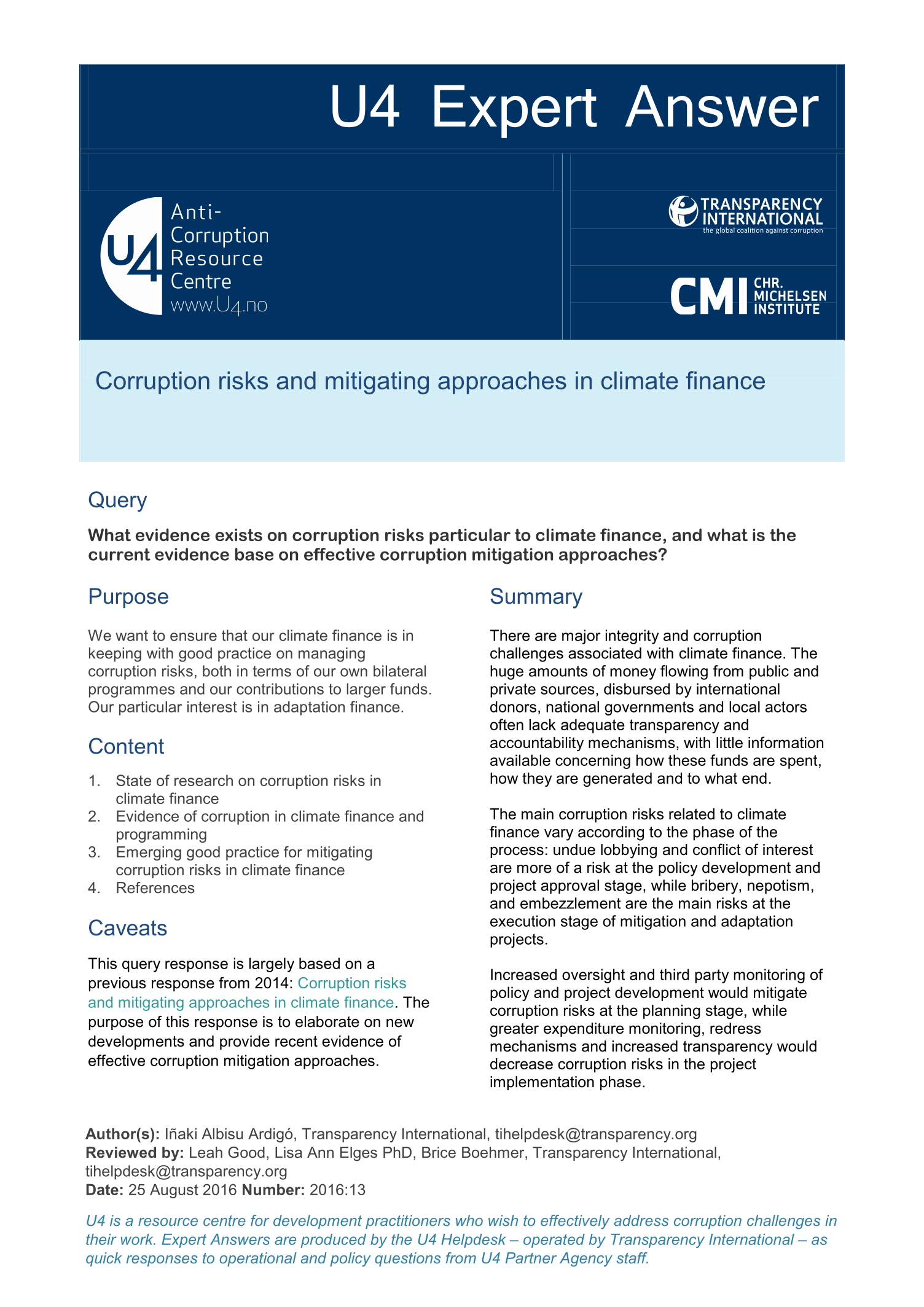 Corruption risks and mitigating approaches in climate finance