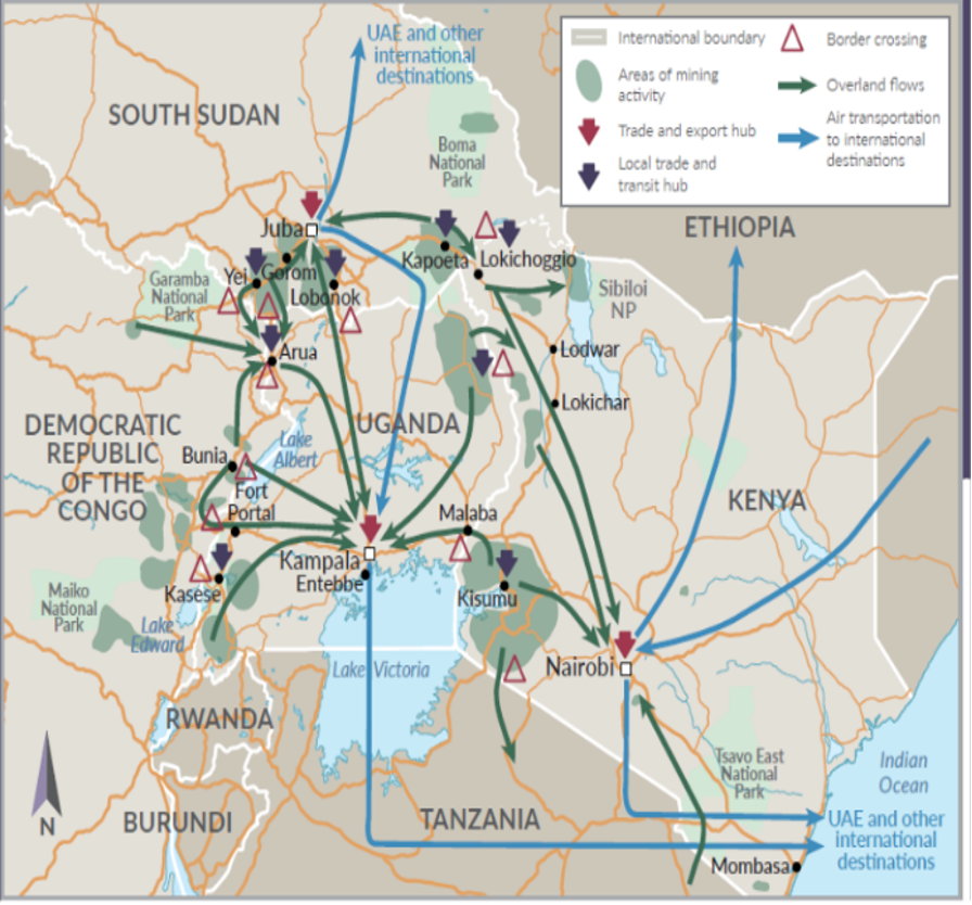 Map of Eastern Africa with arrows showing gold smuggling routes