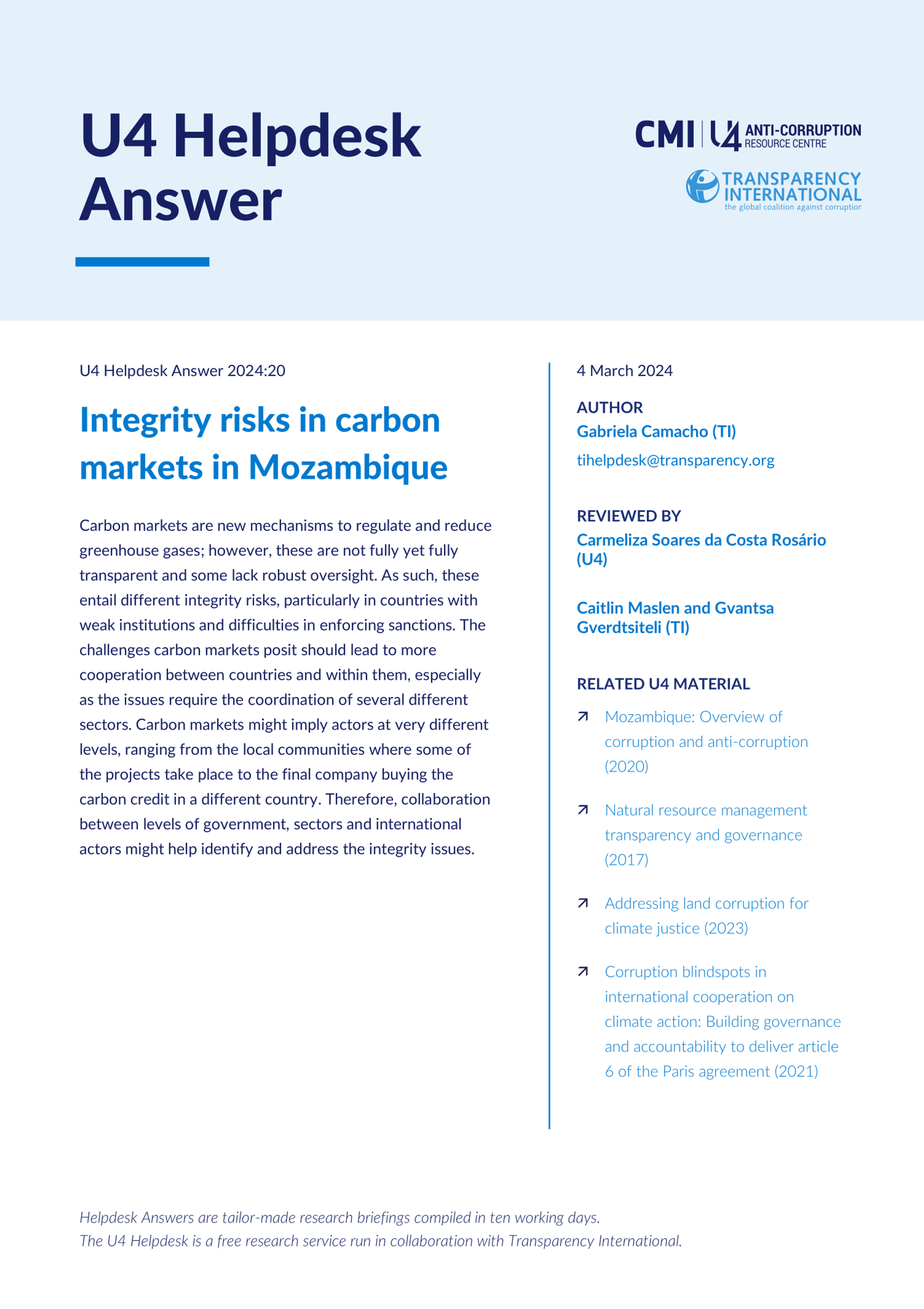 Integrity risks in carbon markets in Mozambique
