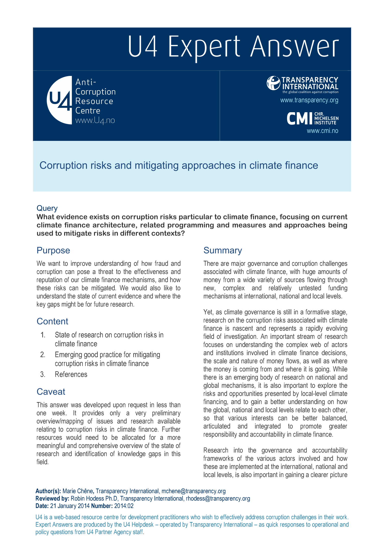 Corruption risks and mitigating approaches in climate finance