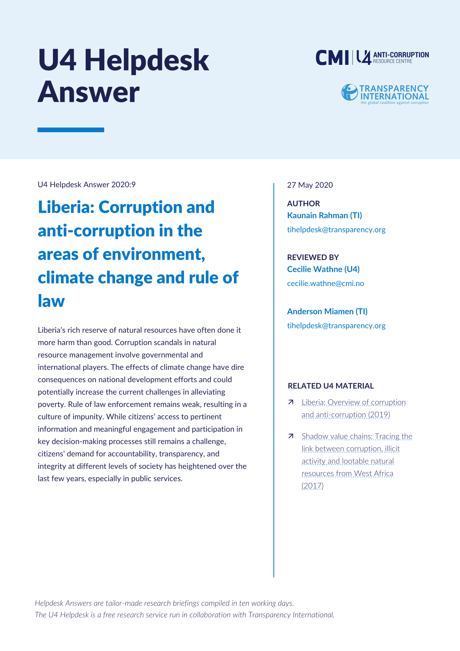 Liberia: Corruption and anti-corruption in the areas of environment, climate change and rule of law
