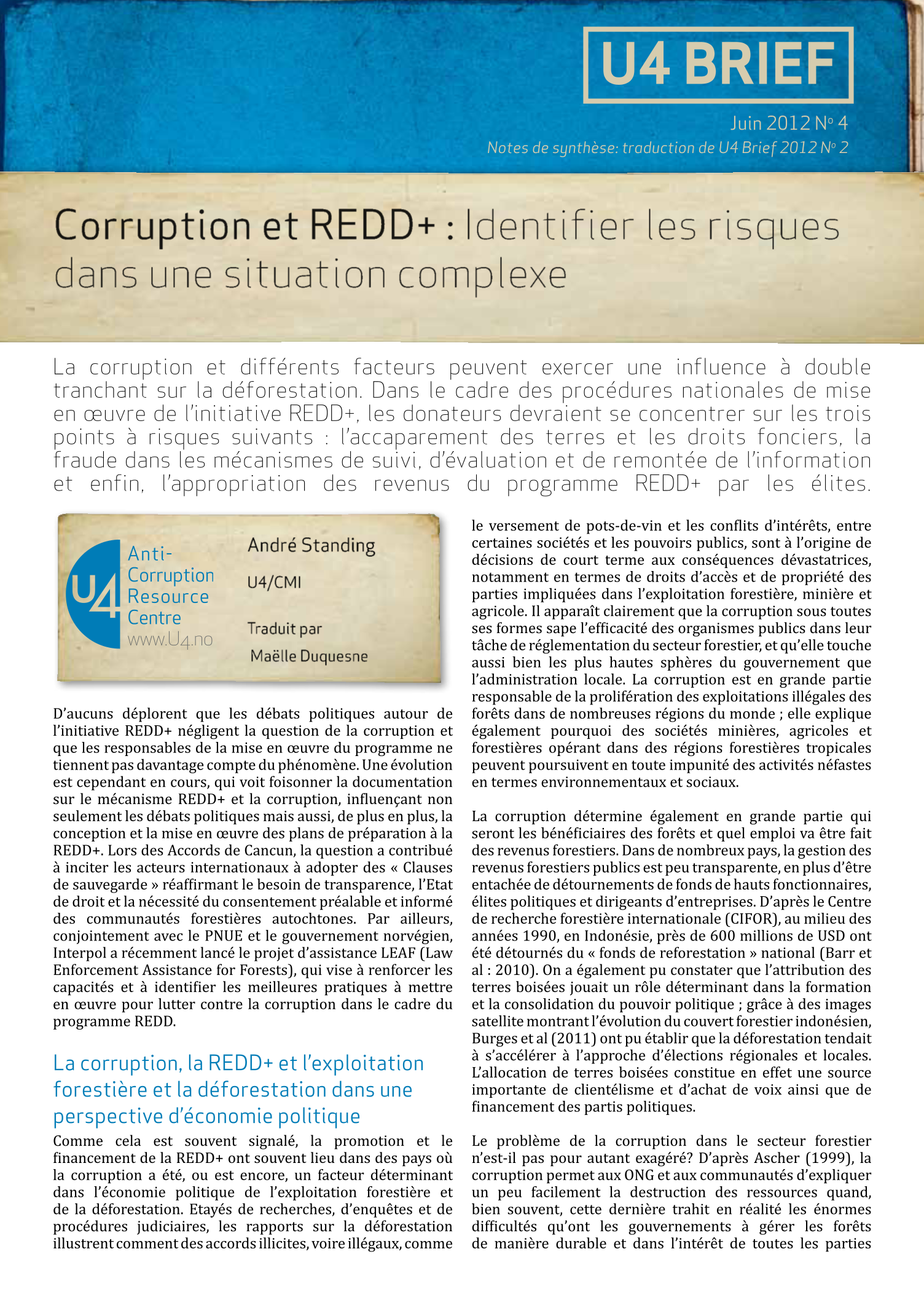 Corruption et REDD+ : Identifier les risques dans une situation complexe
