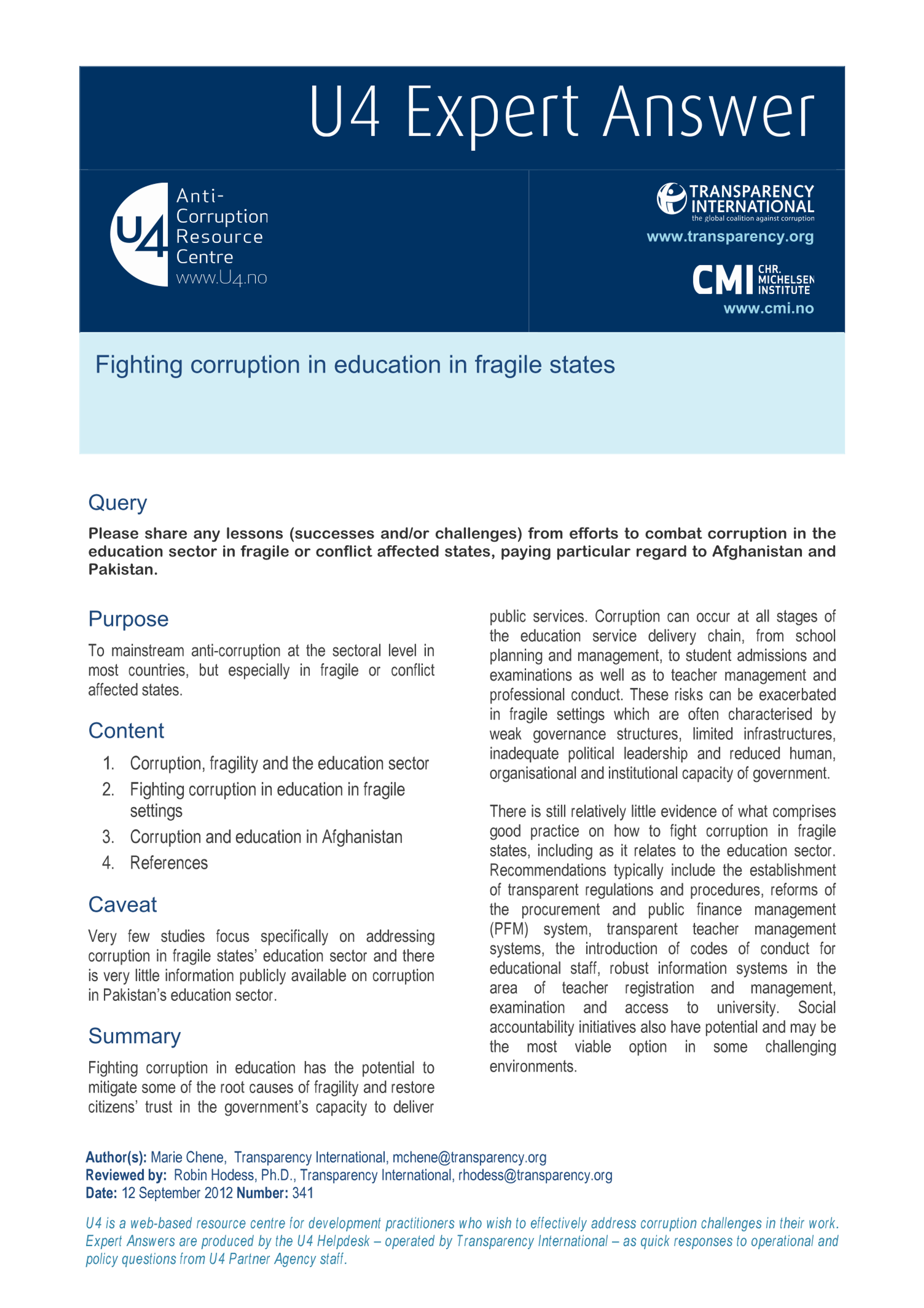 Fighting corruption in education in fragile states