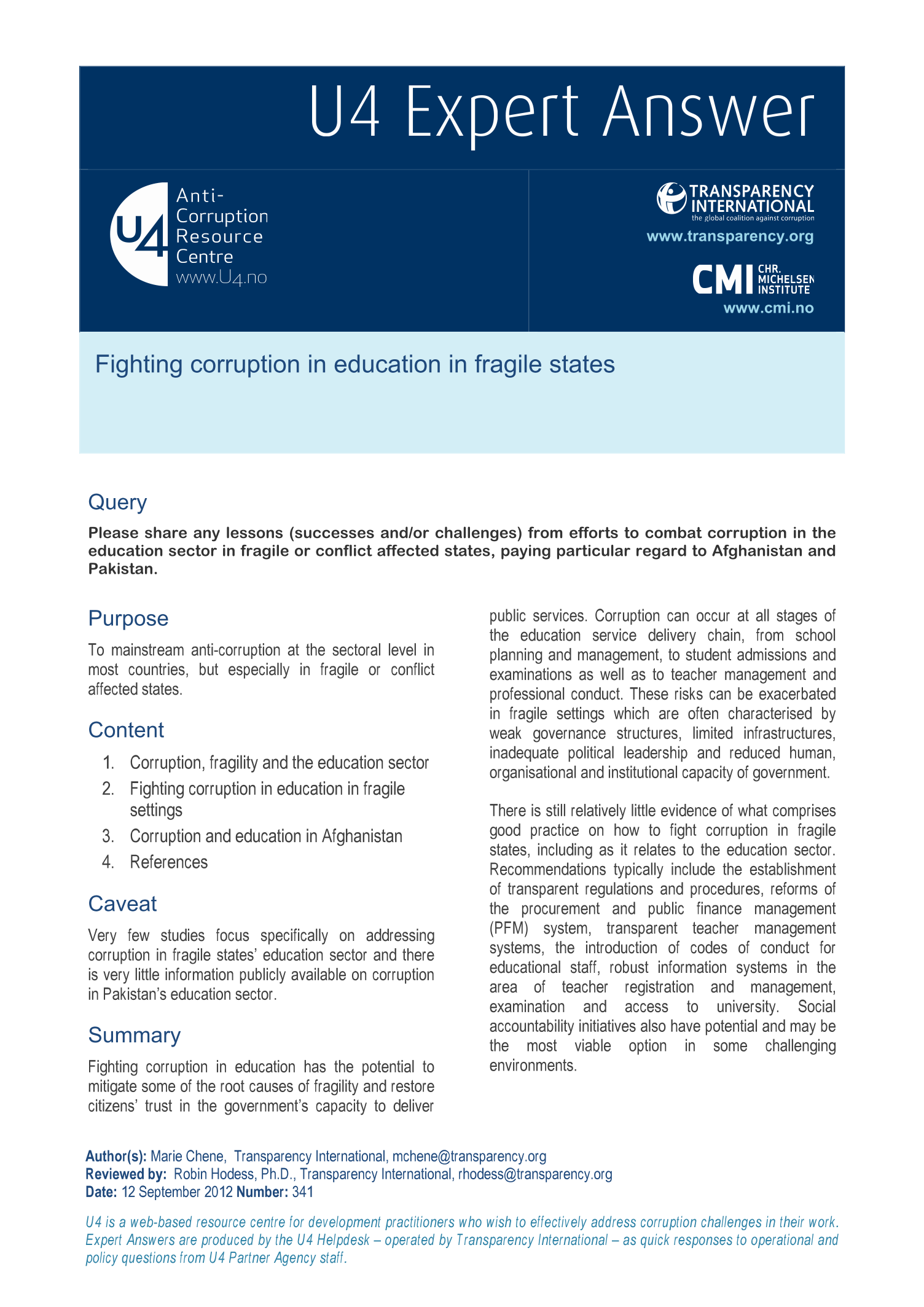 Fighting corruption in education in fragile states
