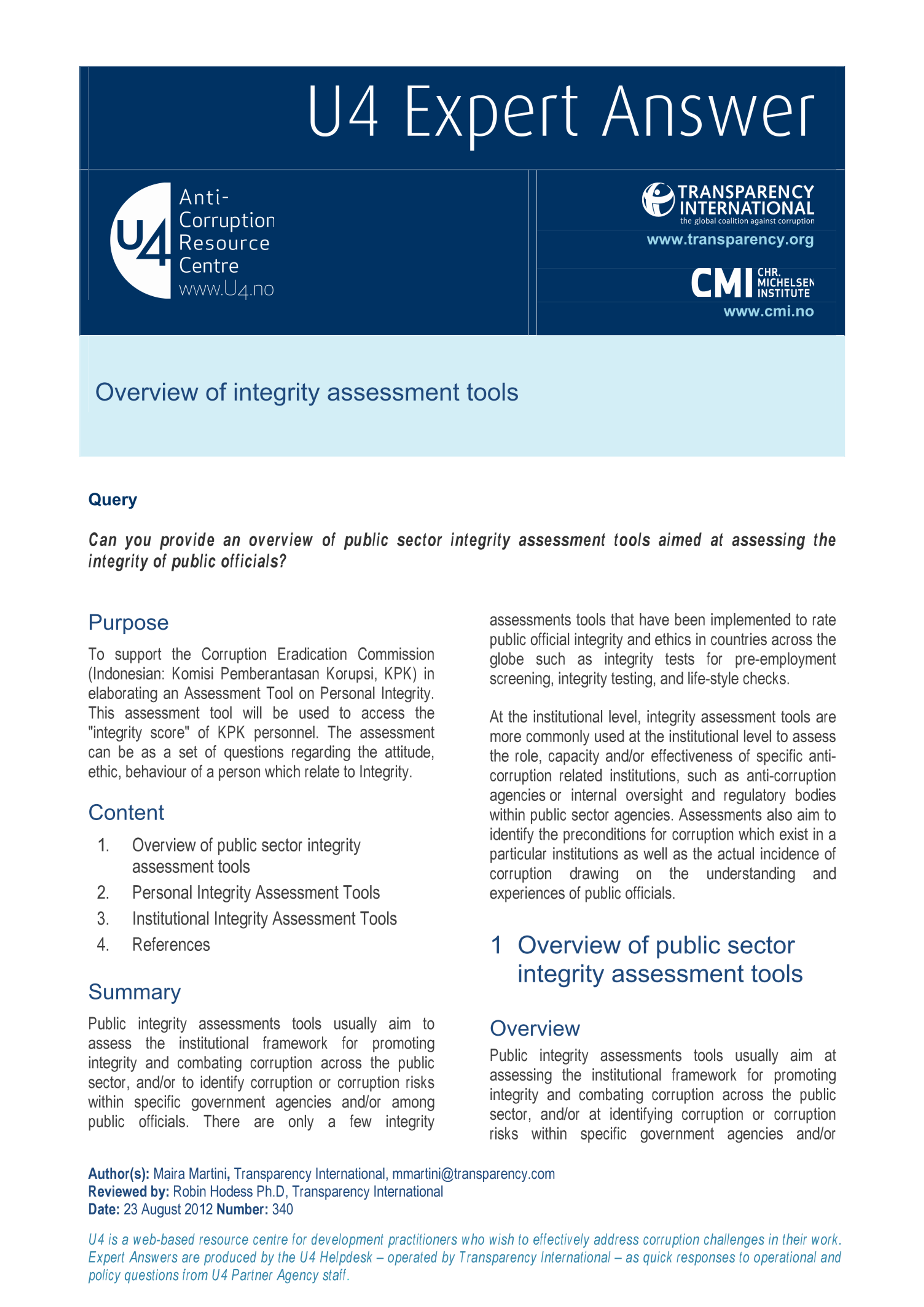 Overview of integrity assessment tools
