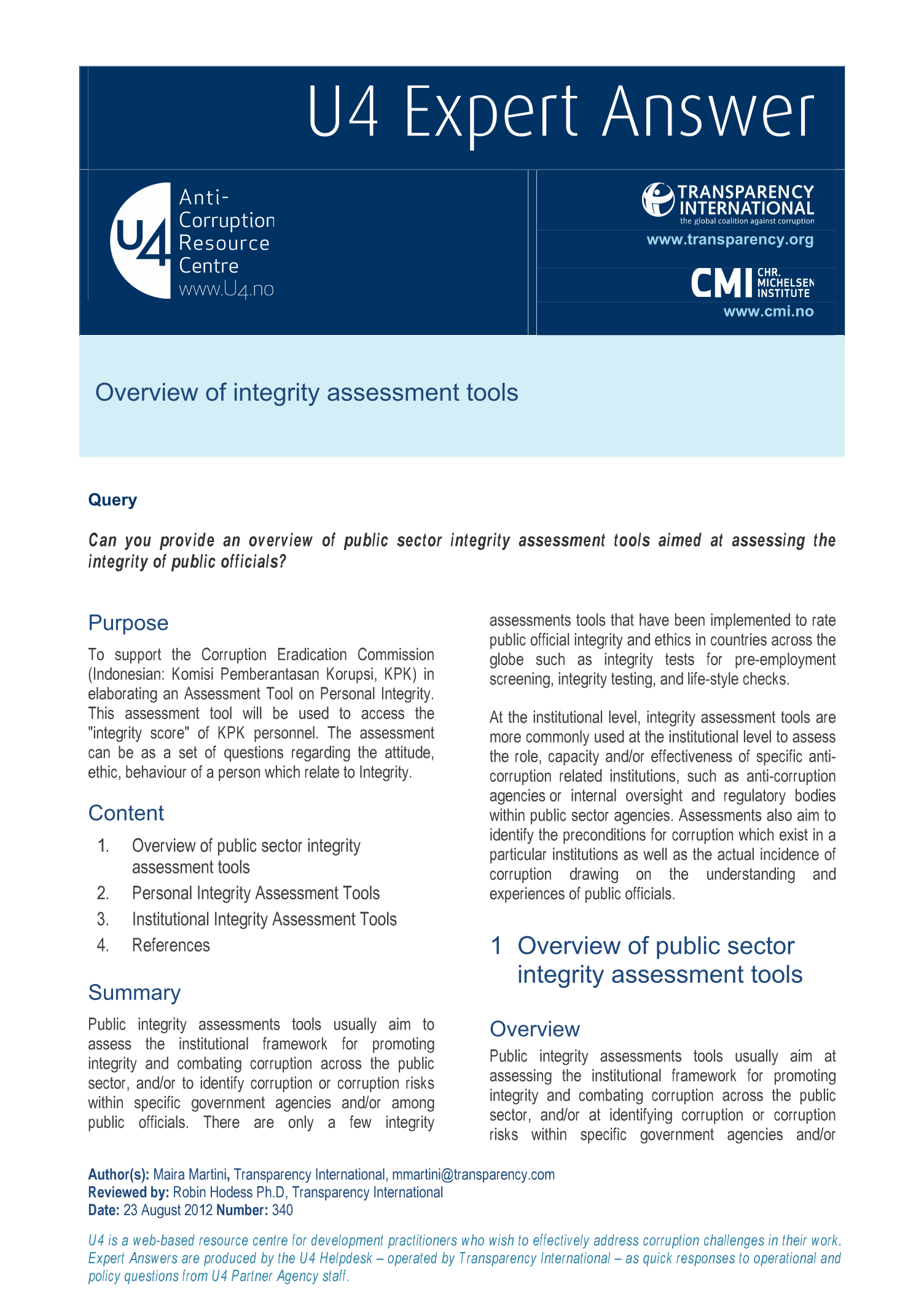Overview of integrity assessment tools