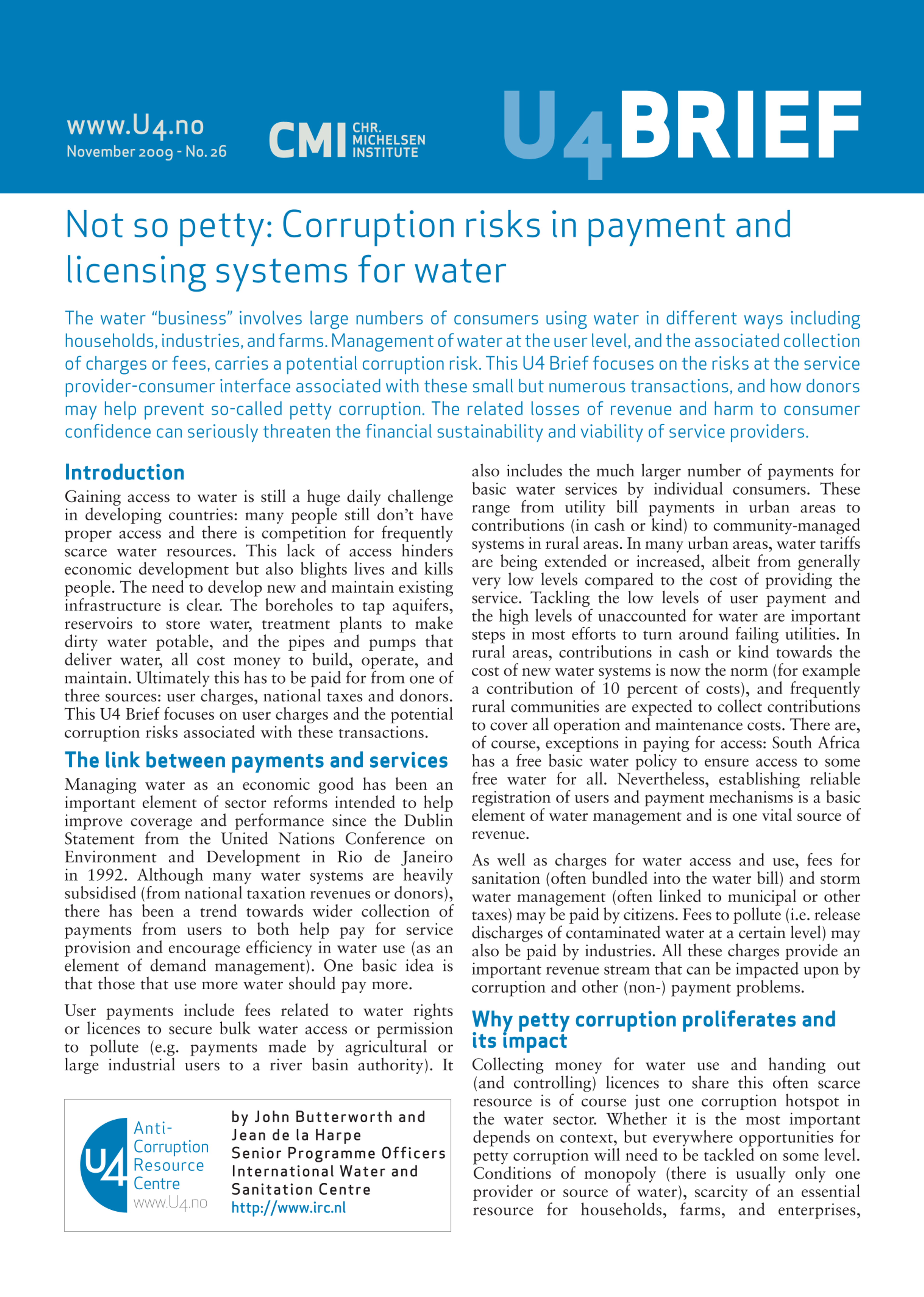 Not so petty: Corruption risks in payment and licensing systems for water
