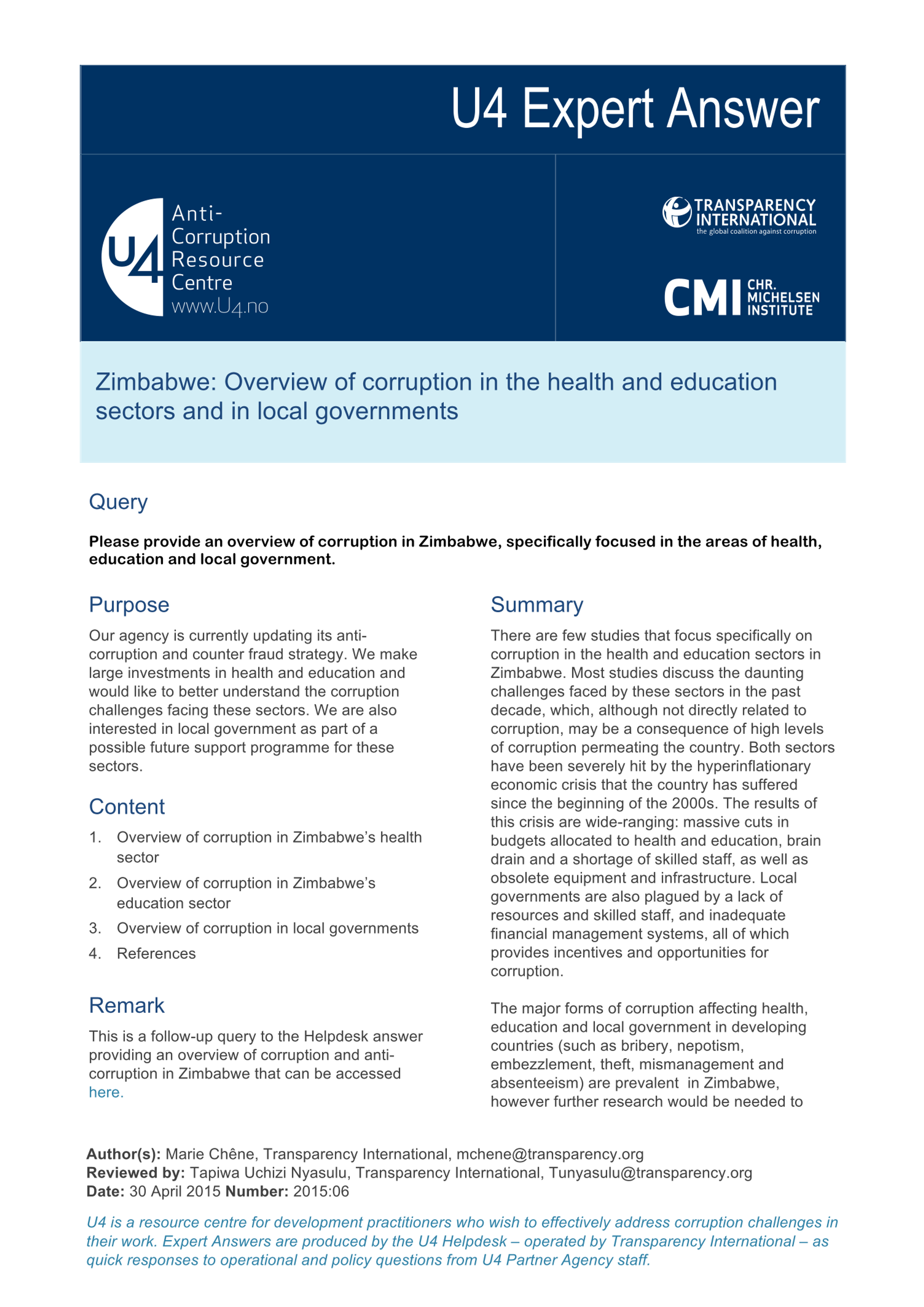 Zimbabwe: Overview of corruption in the health and education sectors and in local governments