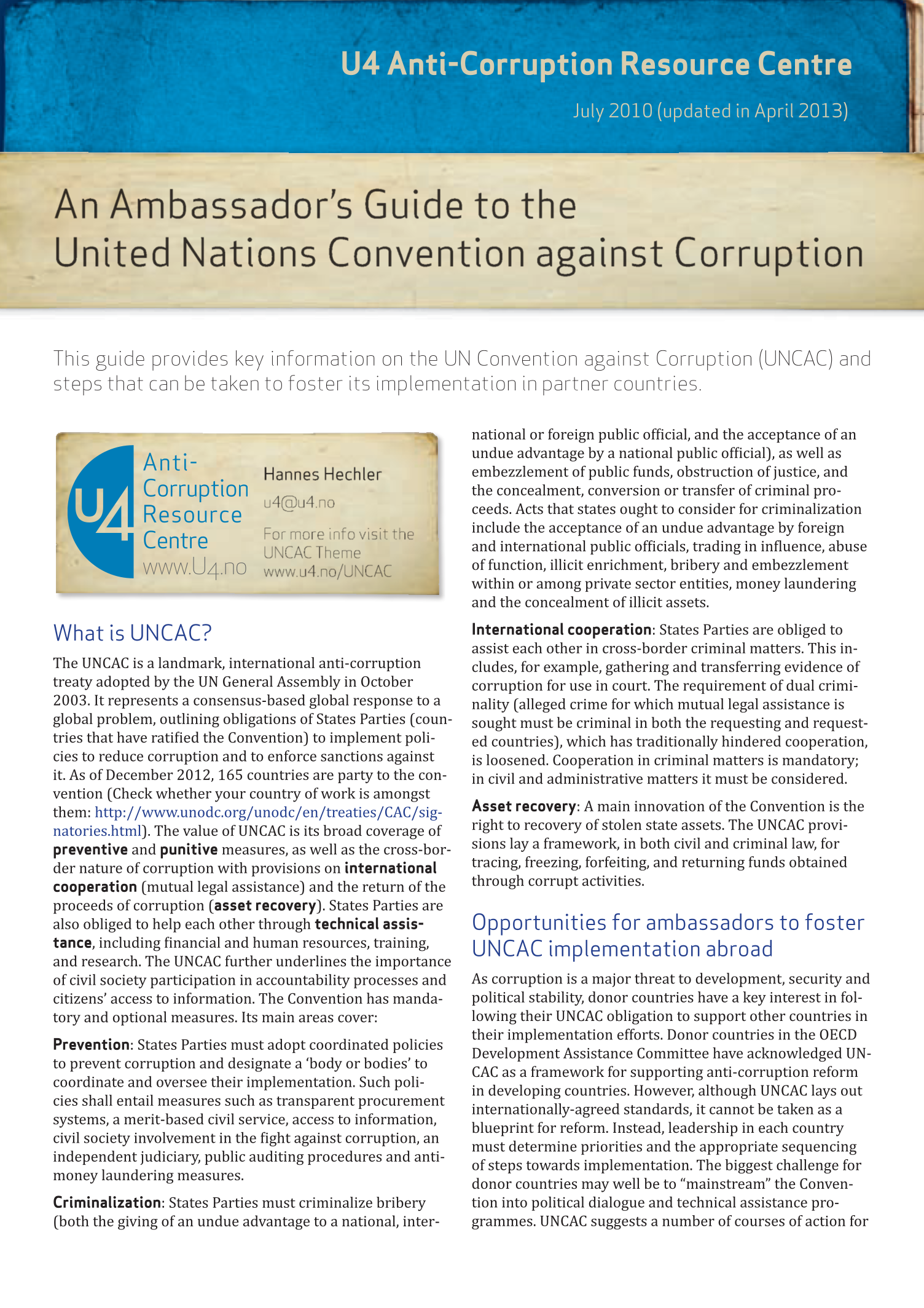 An ambassador's guide to the United Nations Convention against Corruption