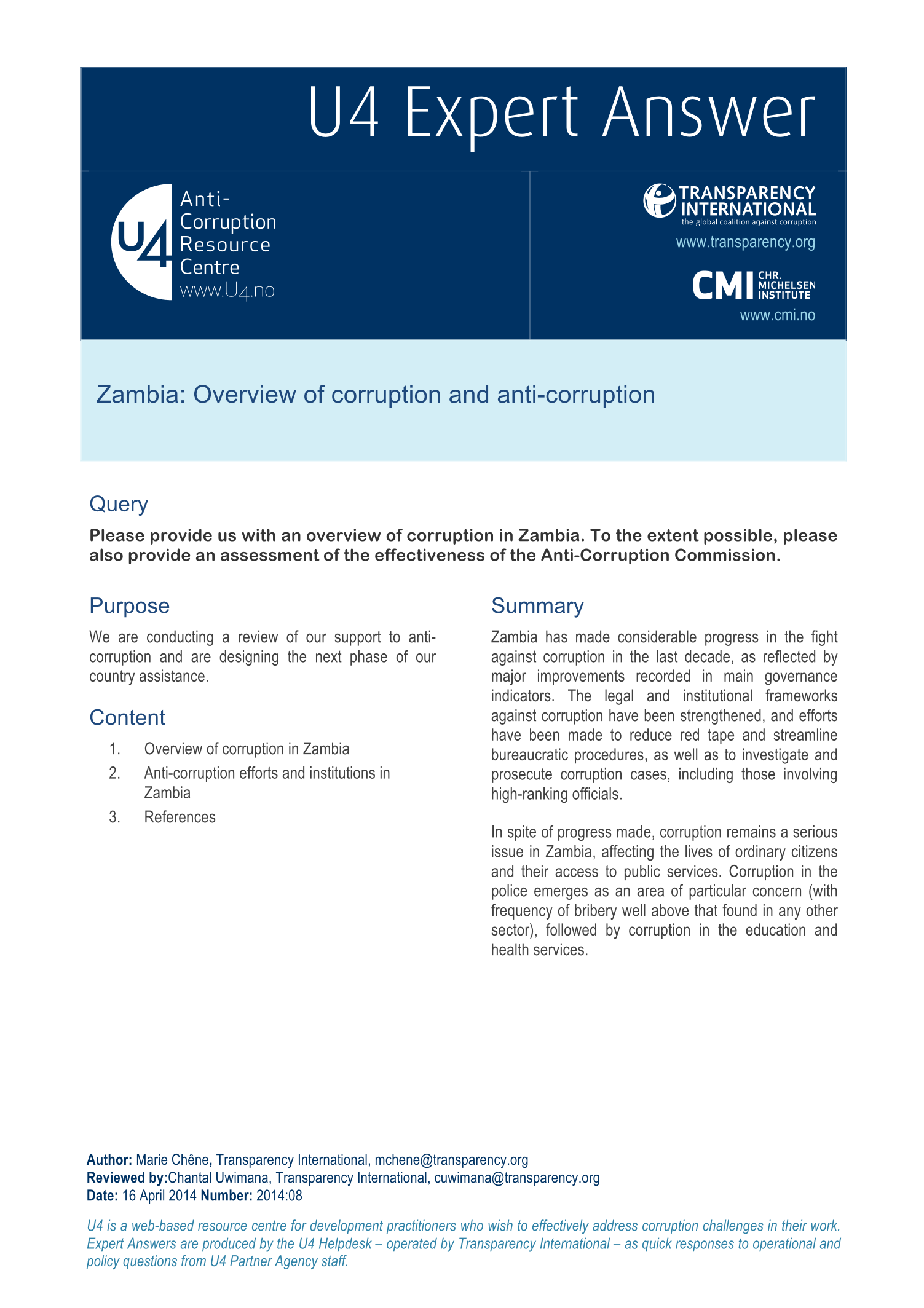 Zambia: Overview of corruption and anti-corruption