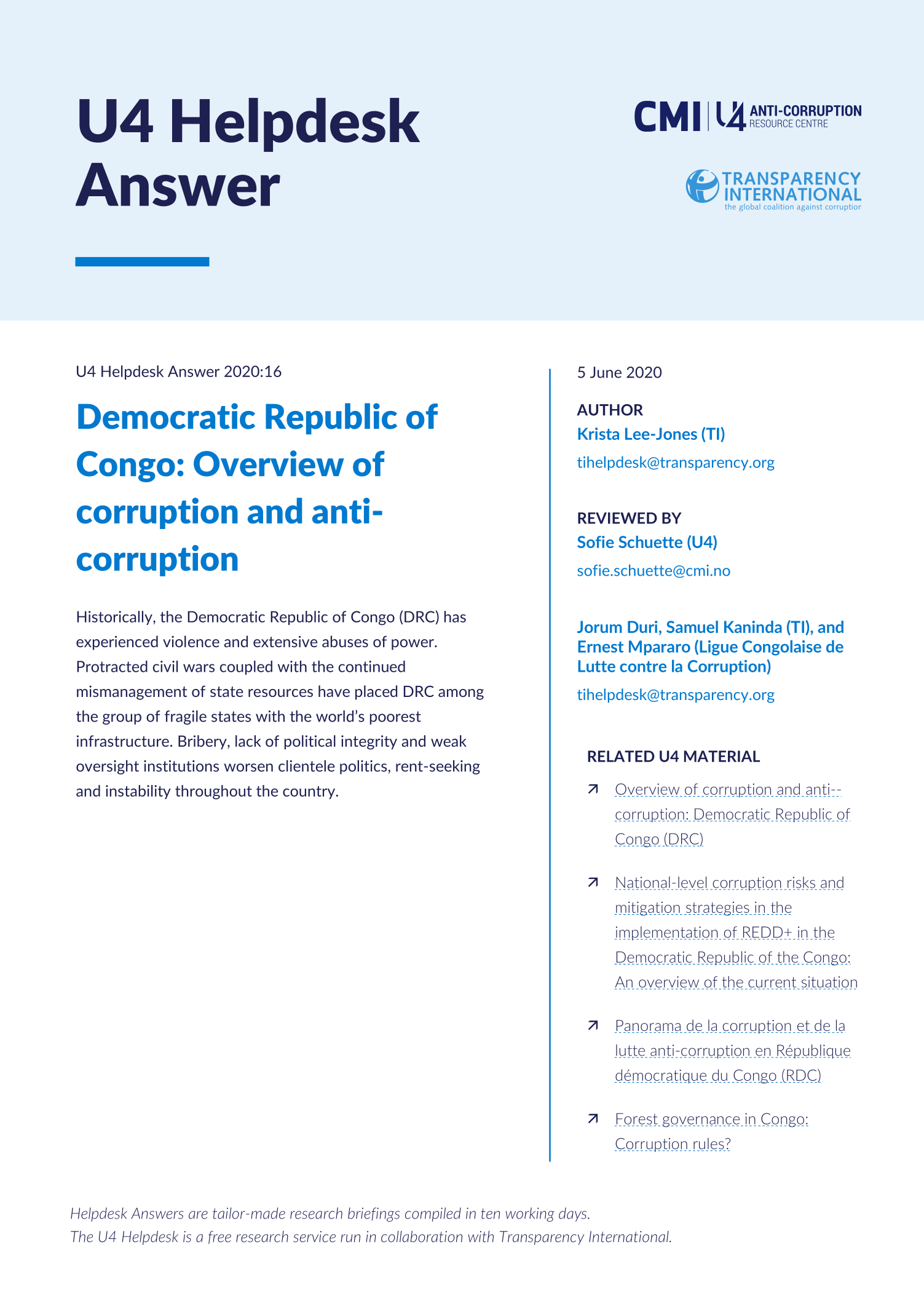 Democratic Republic of Congo: Overview of corruption and anti-corruption
