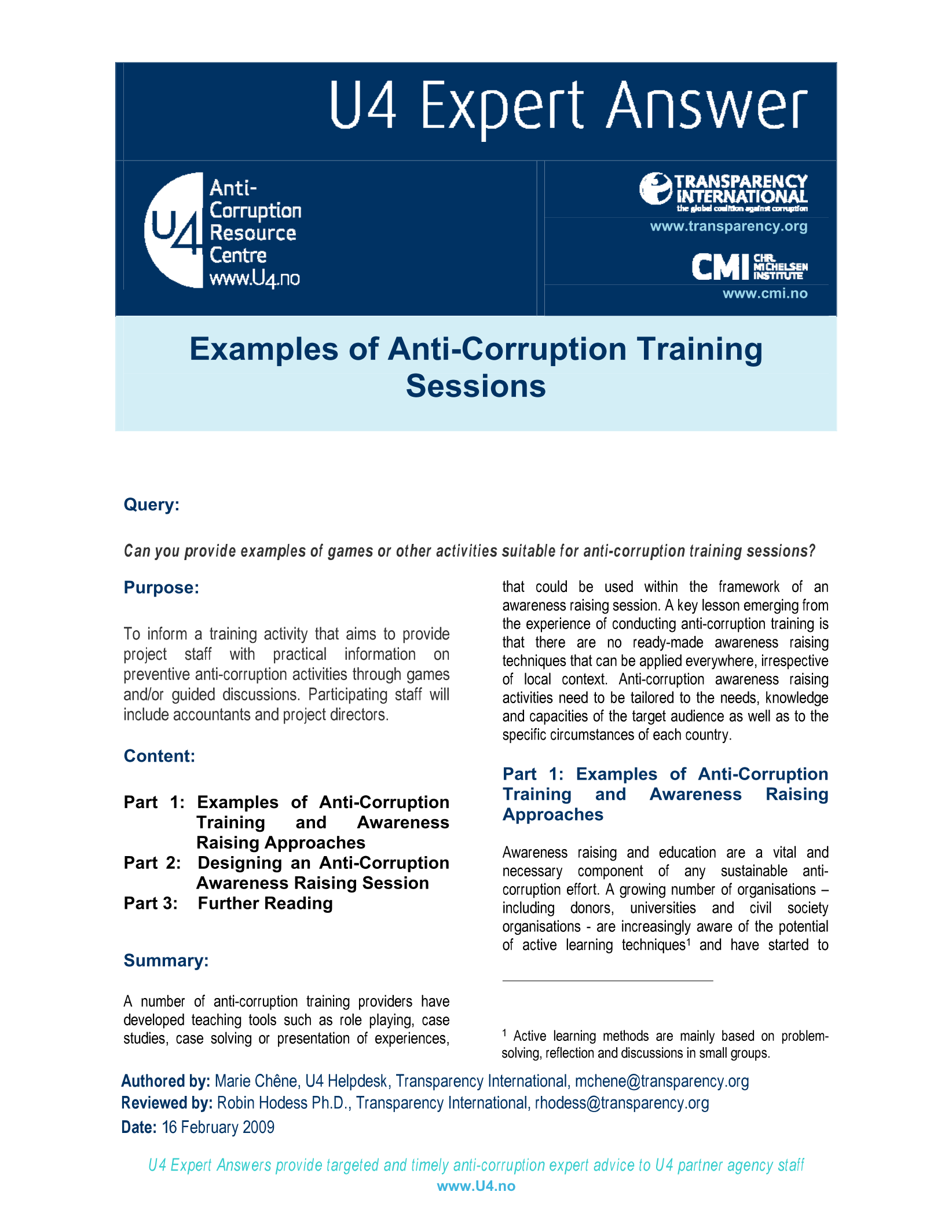Examples of anti-corruption training sessions