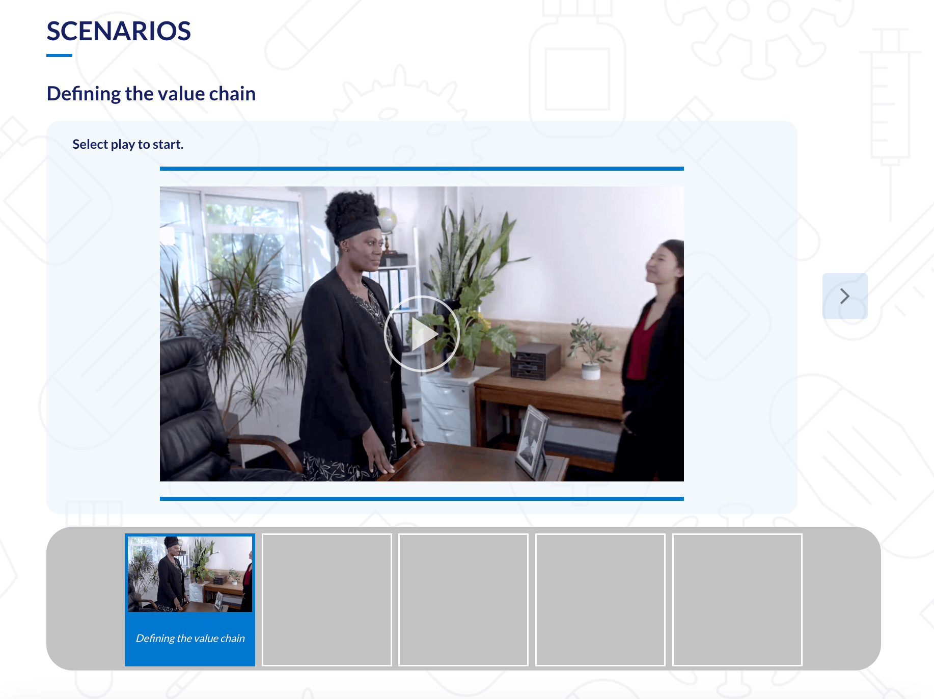 A screenshot of the first frame of the U4 scenarios game, showing a woman at a desk and another woman facing her.