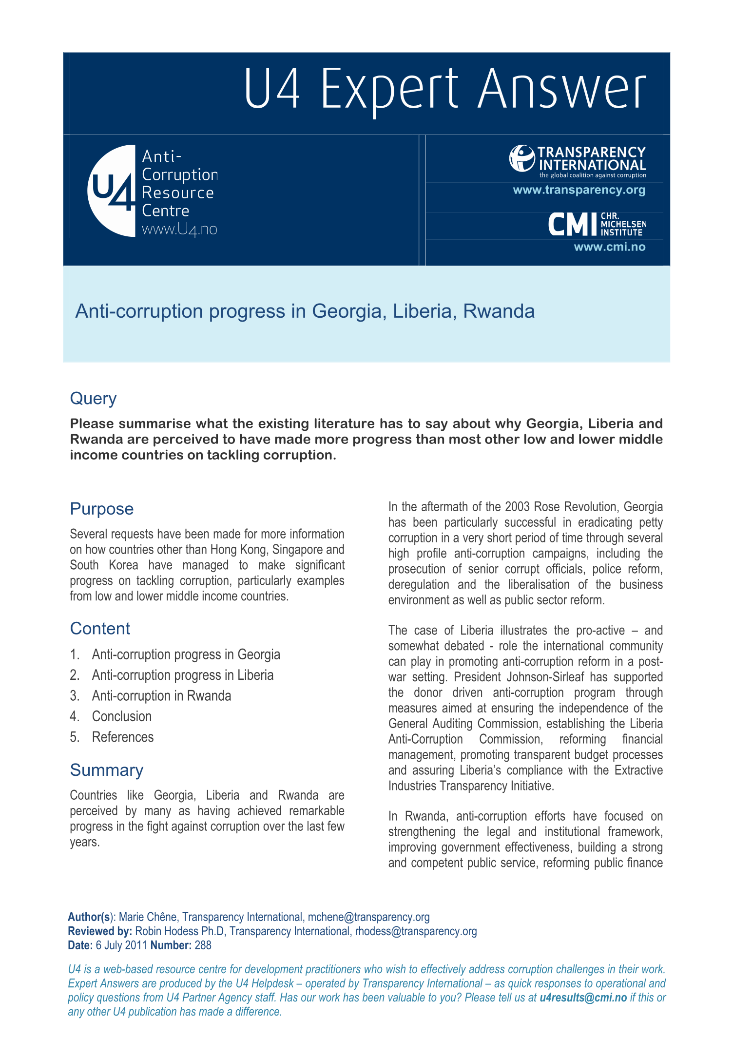 Anti-corruption progress in Georgia, Liberia and Rwanda