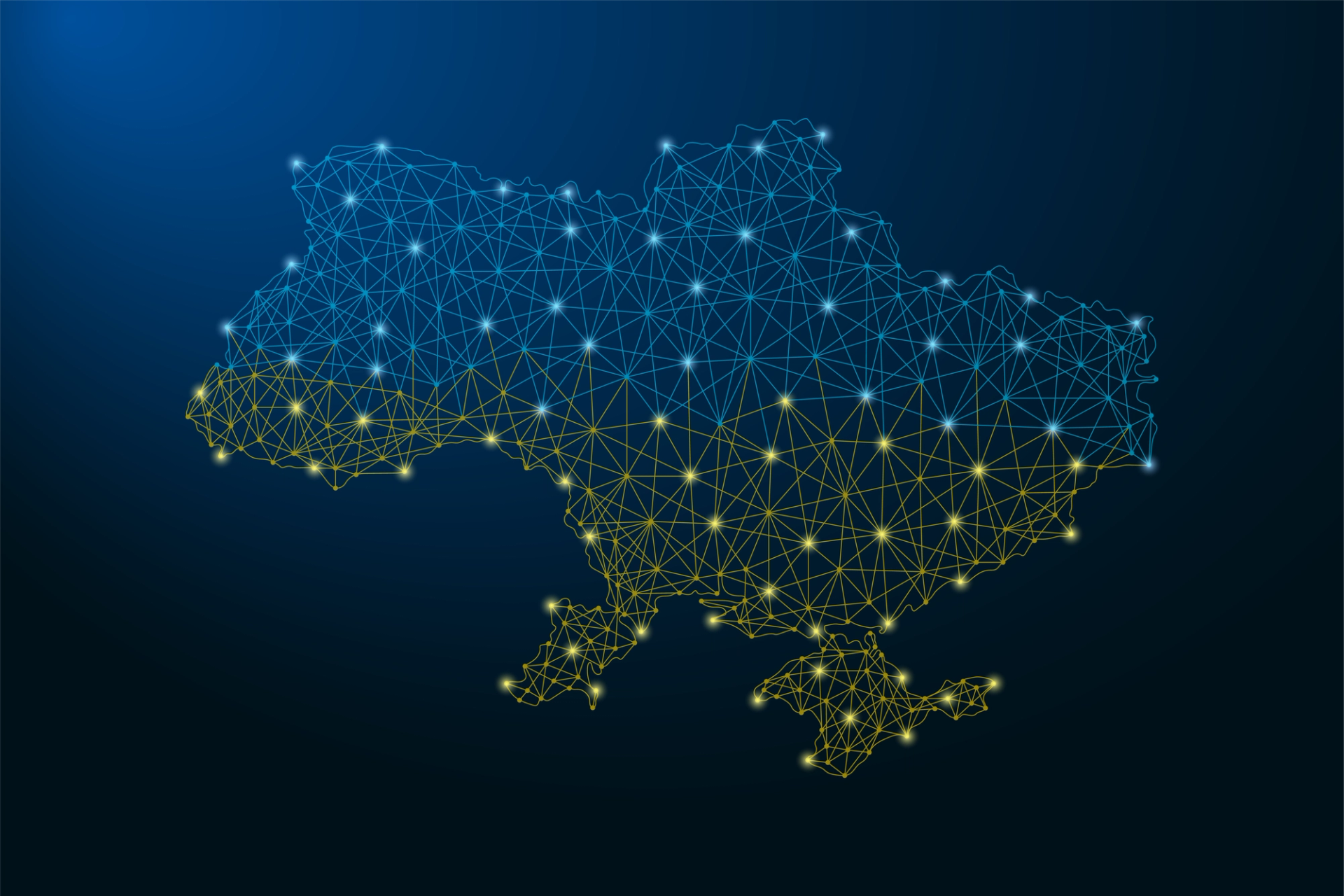 Ukraine map made by low polygonal wireframe mesh on blue background.