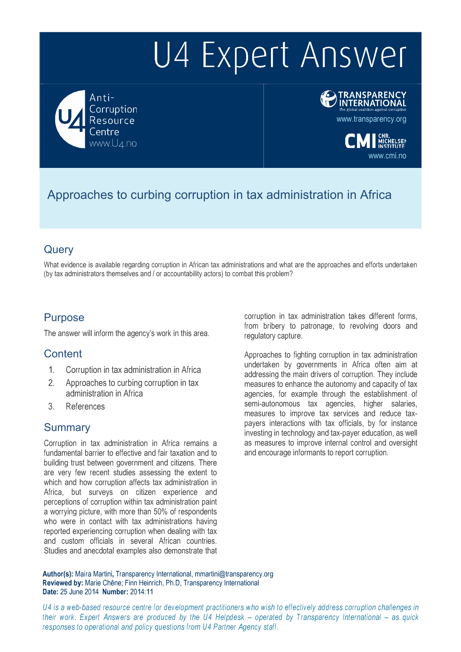 Approaches to curbing corruption in tax administration in Africa