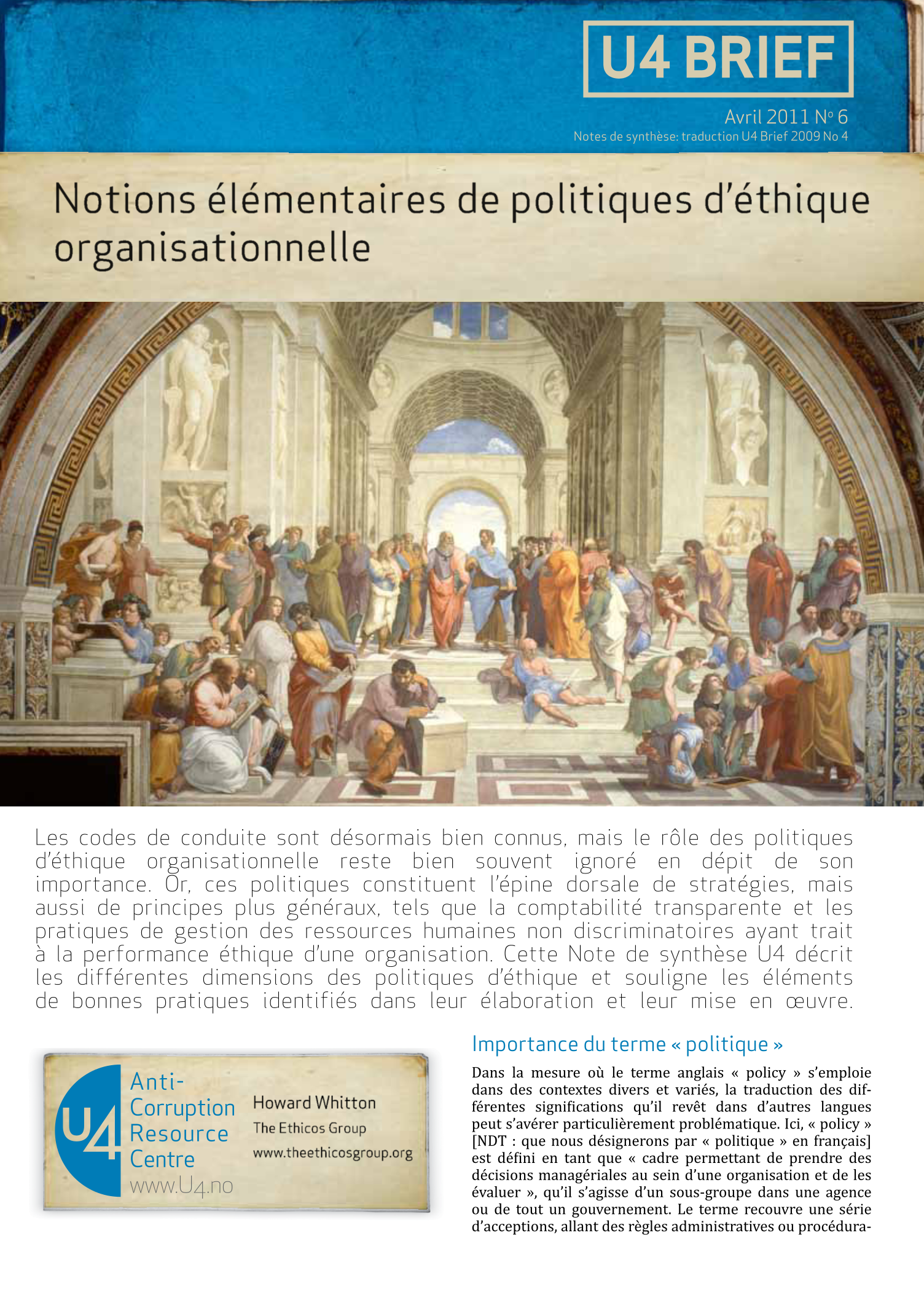 Notions élémentaires de politiques d'éthique organisationnelle