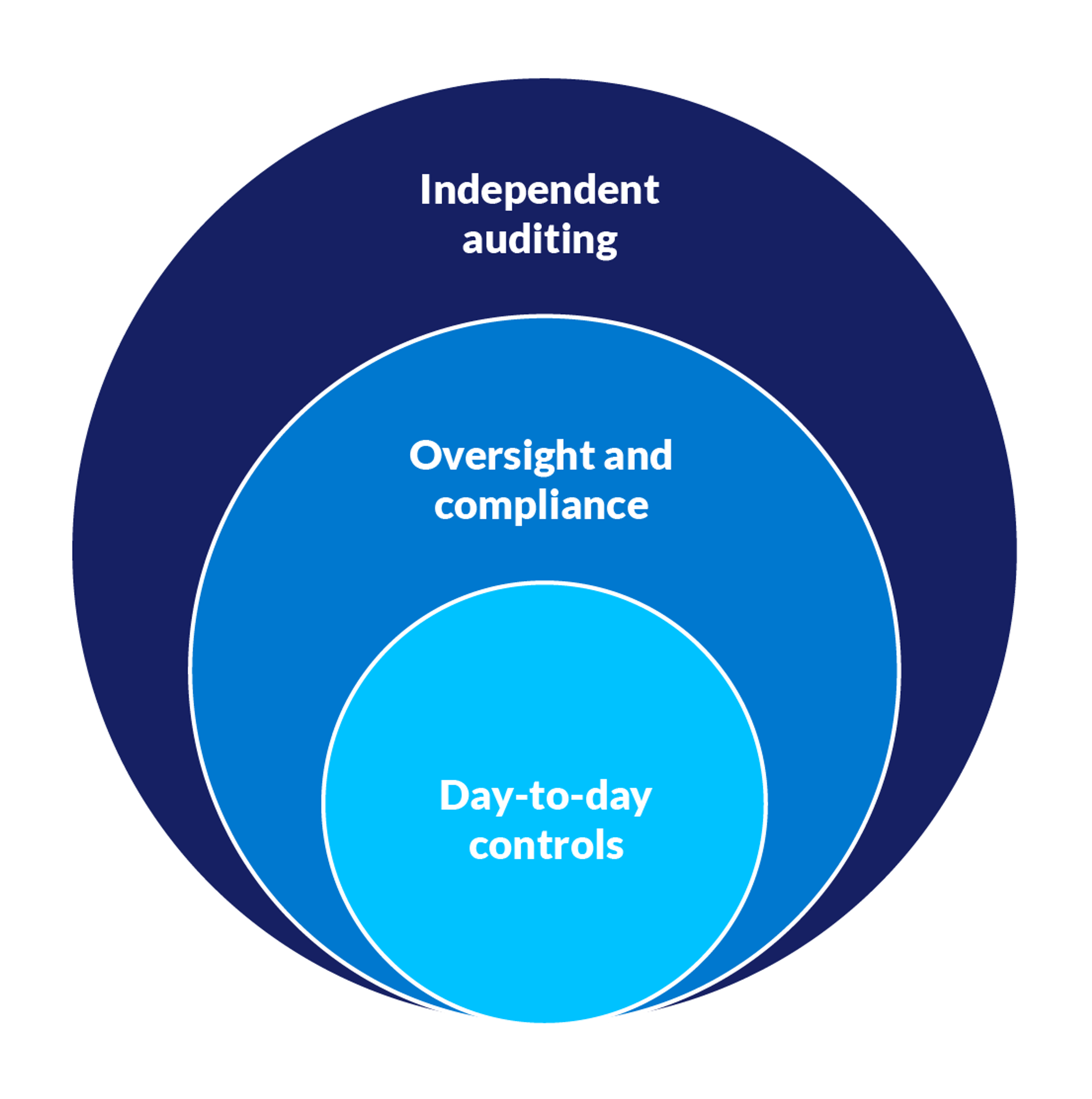 Graphic showing three overlapping circles. The innermost circle represents day-to-day risk controls. The second says 'oversight and compliannce'. The third says 'independent auditing'.
